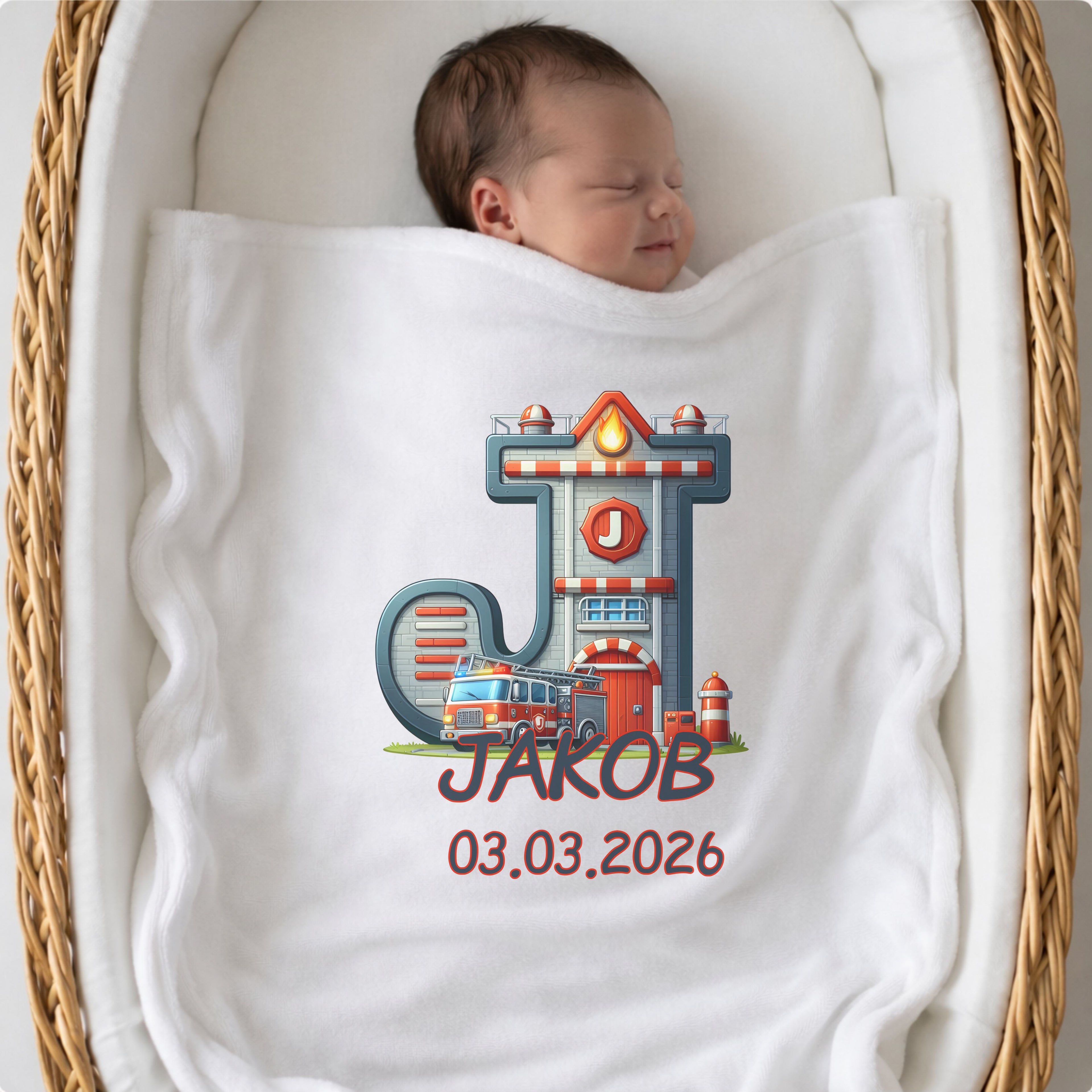 Babydecke mit Namen und optionalem Datum im Feuerwehr Look als weiche Kuscheldecke für Kinderwagen