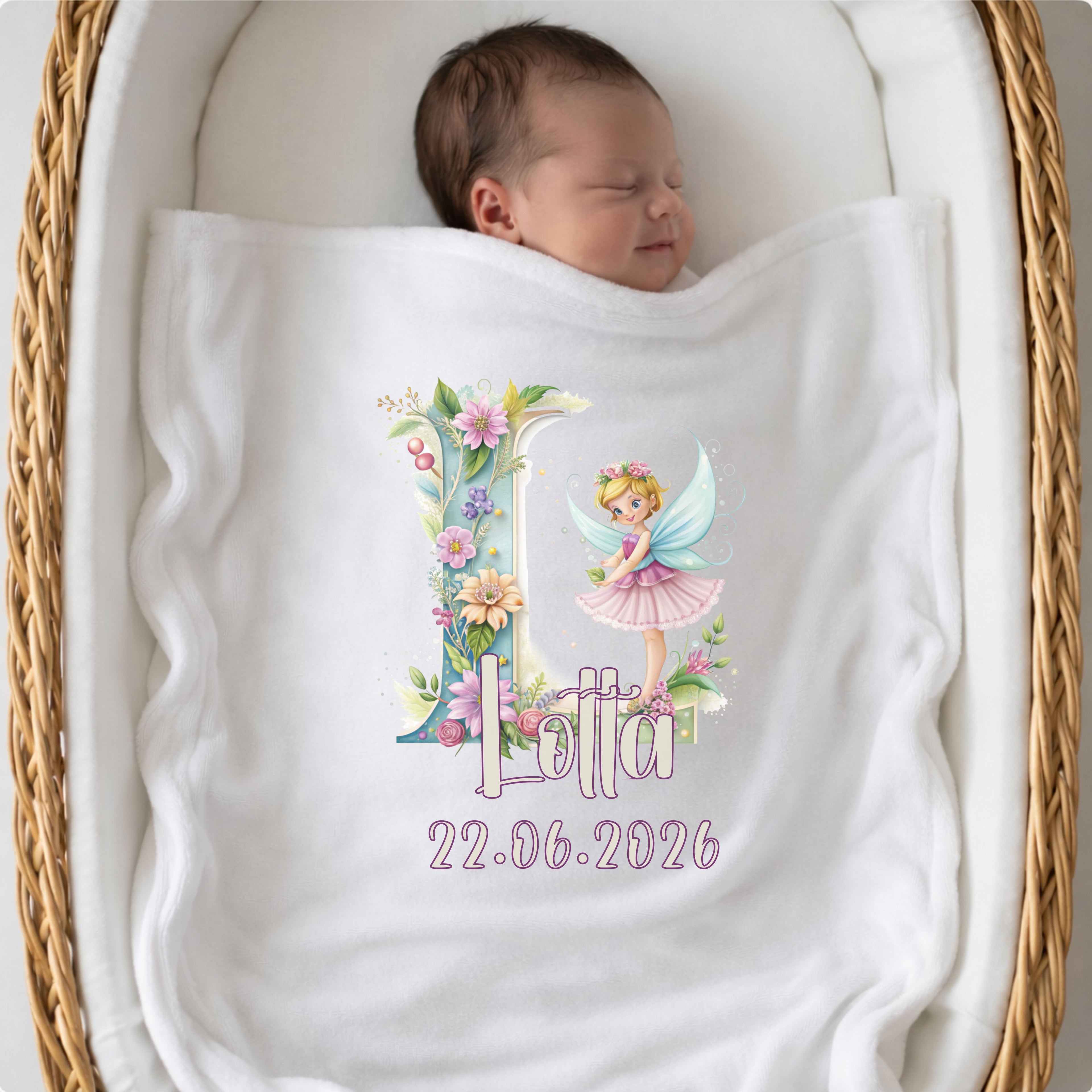 Babydecke mit Namen und optionalem Datum im Fee Look als weiche Kuscheldecke für Kinderwagen