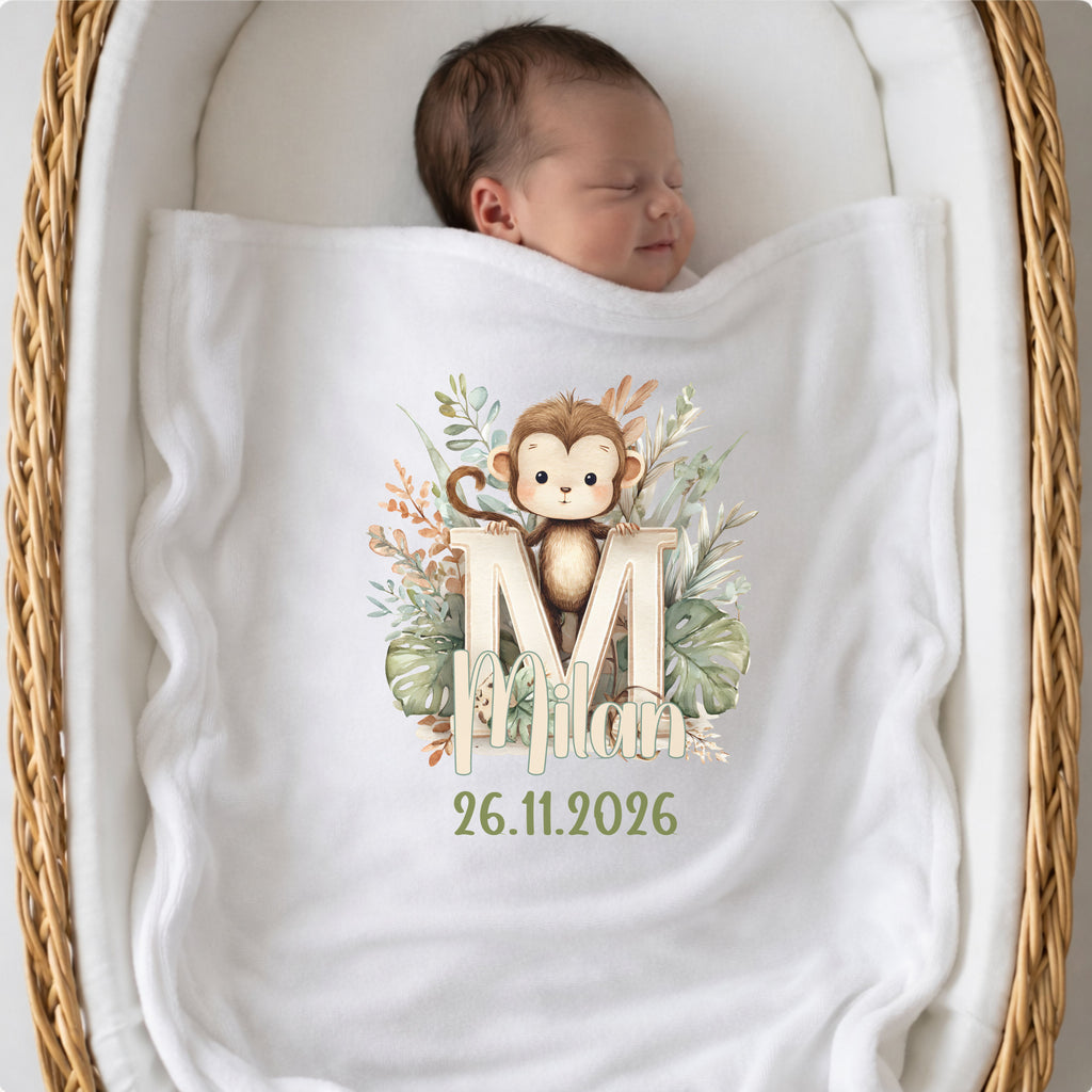 Babydecke mit Namen und optionalem Datum im Tierchen Look für Kinderwagen und Babybett