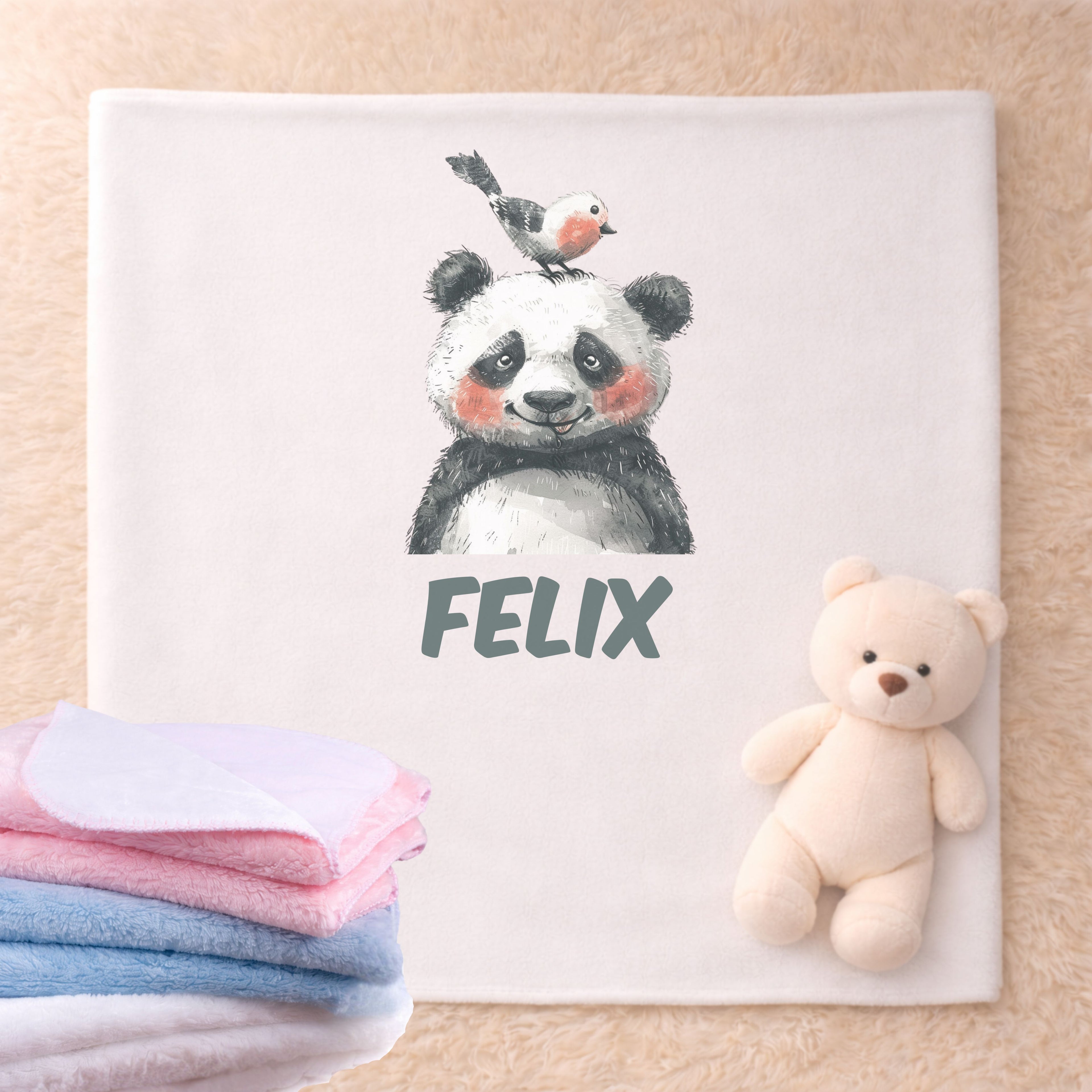 Personalisierte Babydecke mit Namen Tiere bunt Kuscheldecke aus weichem Pluesch mit bunten Tiermotiven