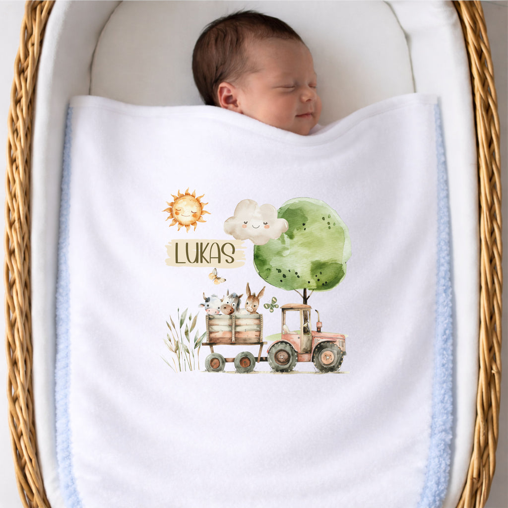 Personalisierte Babydecke mit Namen Bauernhof Kuscheldecke aus weichem Pluesch mit liebevollen Tiermotiven