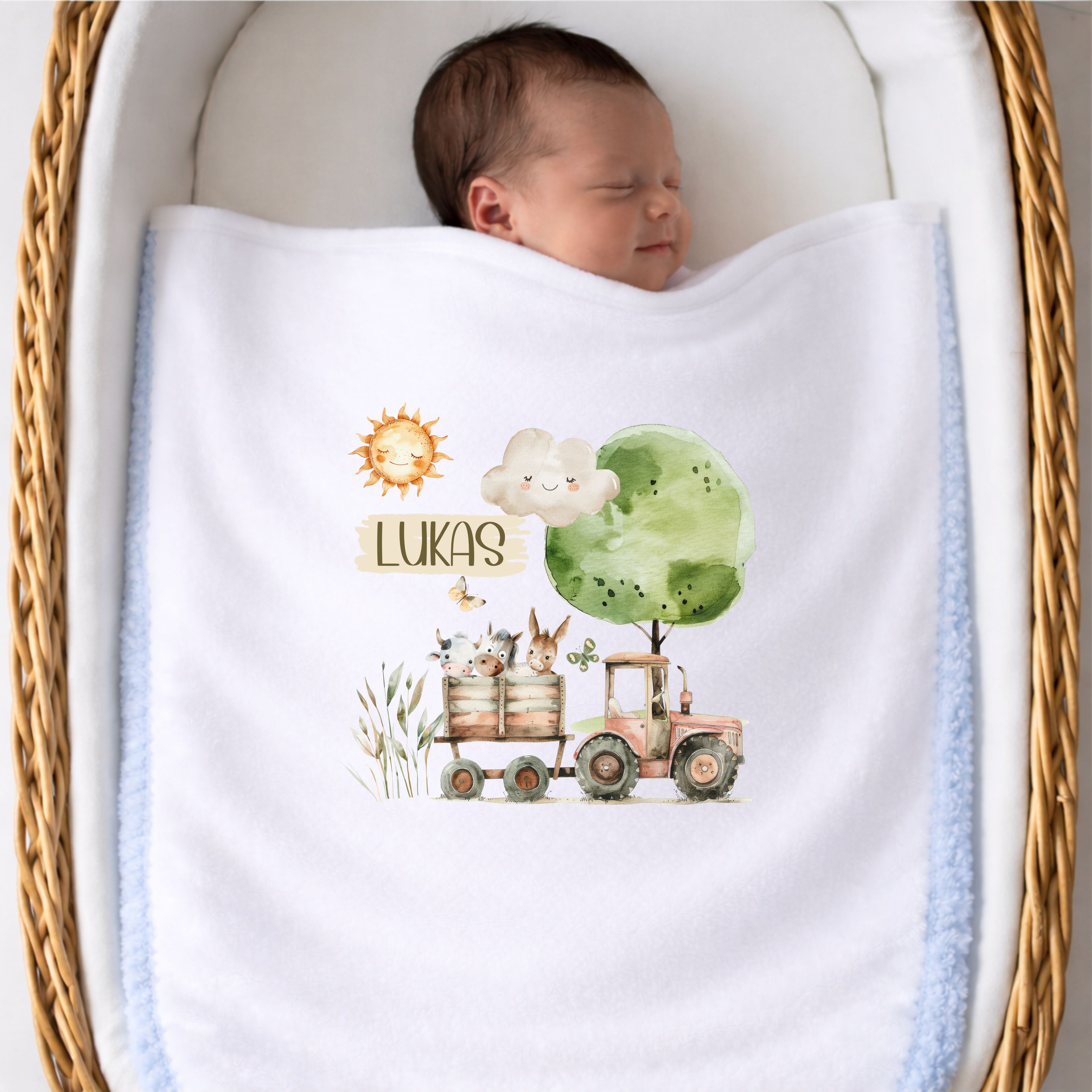 Personalisierte Babydecke mit Namen Bauernhof Kuscheldecke aus weichem Pluesch mit liebevollen Tiermotiven