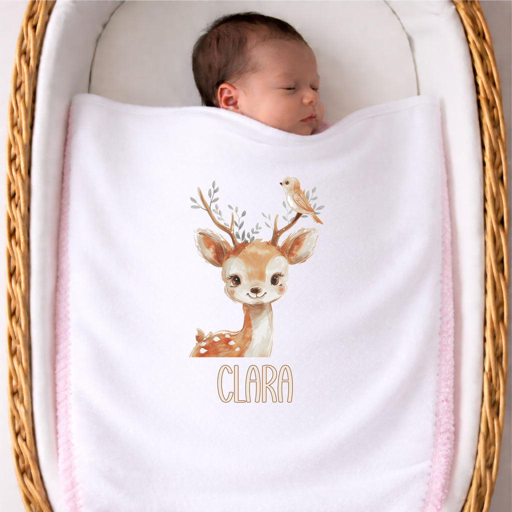 Personalisierte Babydecke mit Namen Tiere Beige Kuscheldecke aus weichem Pluesch mit sanften Tiermotiven
