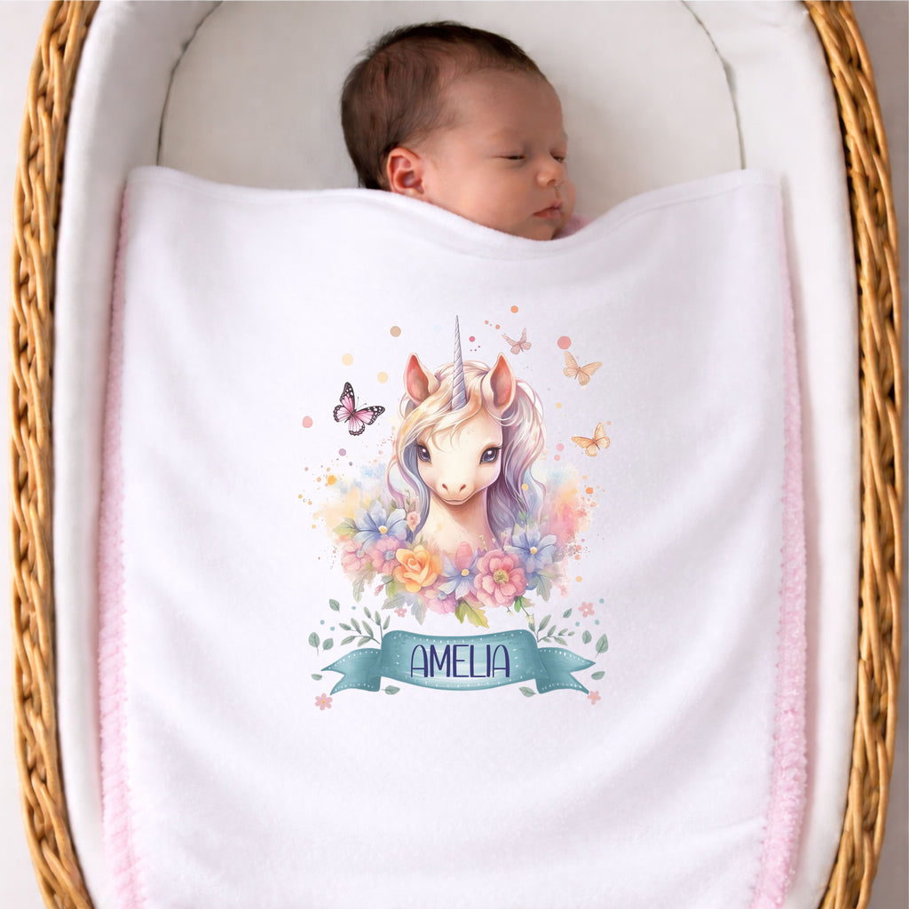 Personalisierte Babydecke mit Namen Einhorn Kuscheldecke aus weichem Plüsch liebevoll gestaltet