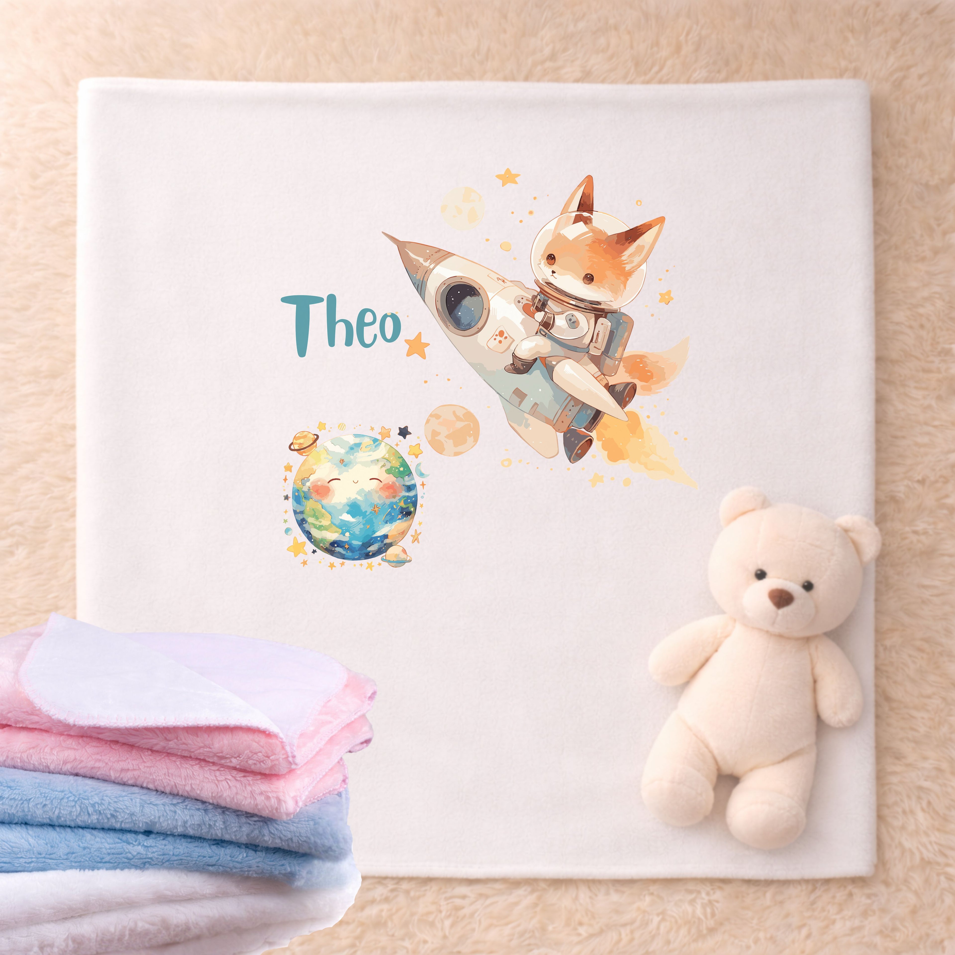 Kuscheldecke Baby Weltall Motiv personalisiert mit Namen ideales Geschenk zur Geburt