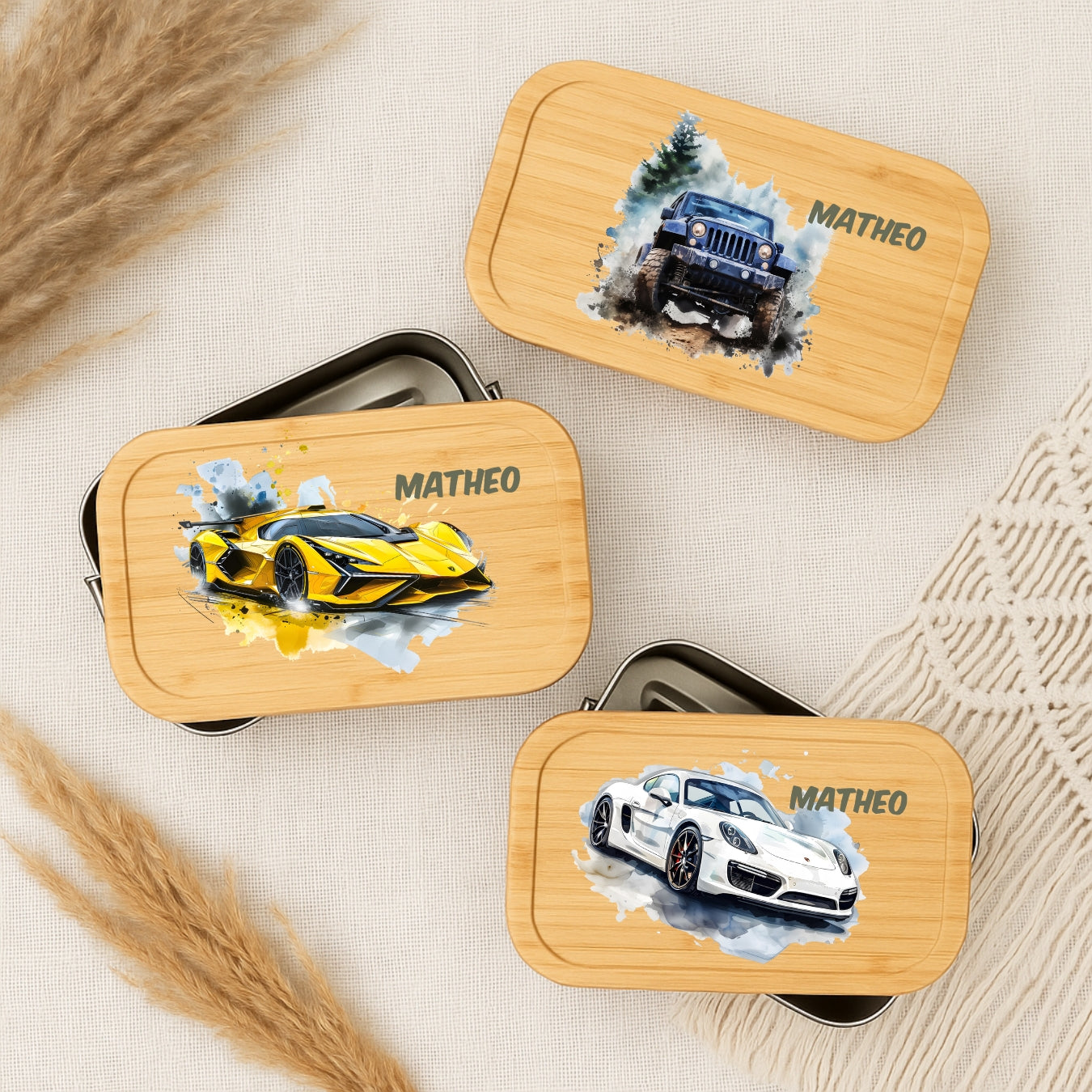 Personalisierte Brotdose Kinder Auto- & Rennwagen-Motiv – Lunchbox Weißblech mit Bambusdeckel & Name