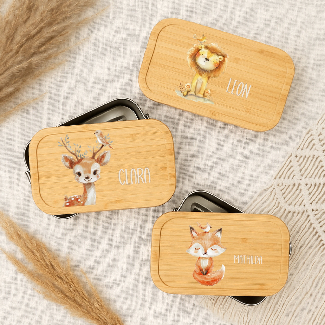 Personalisierte Brotdose Kinder Beige Tiere – Lunchbox Weißblech mit Bambusdeckel & Name