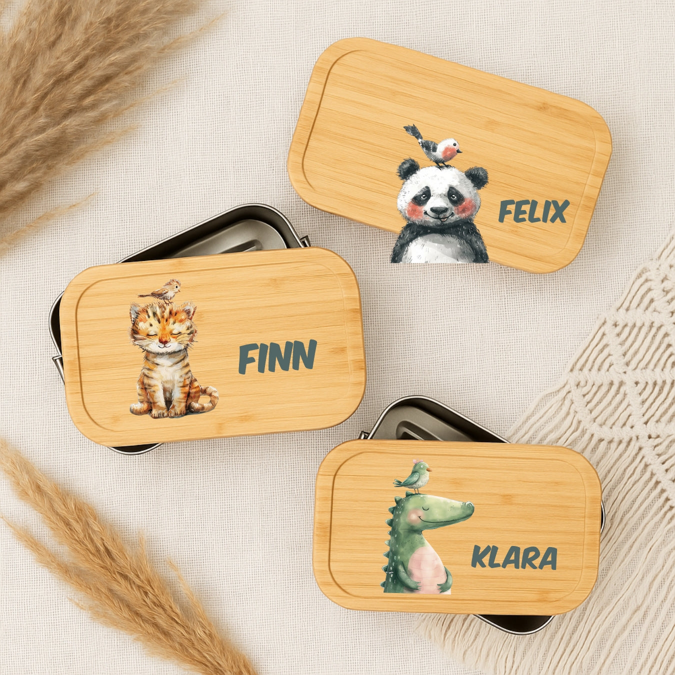Personalisierte Brotdose Kinder Bunte Tiere – Lunchbox Weißblech mit Bambusdeckel & Name