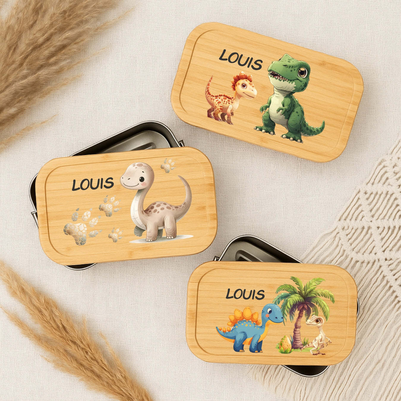 Personalisierte Brotdose Kinder Dinosaurier-Motiv – Lunchbox Weißblech mit Bambusdeckel & Name