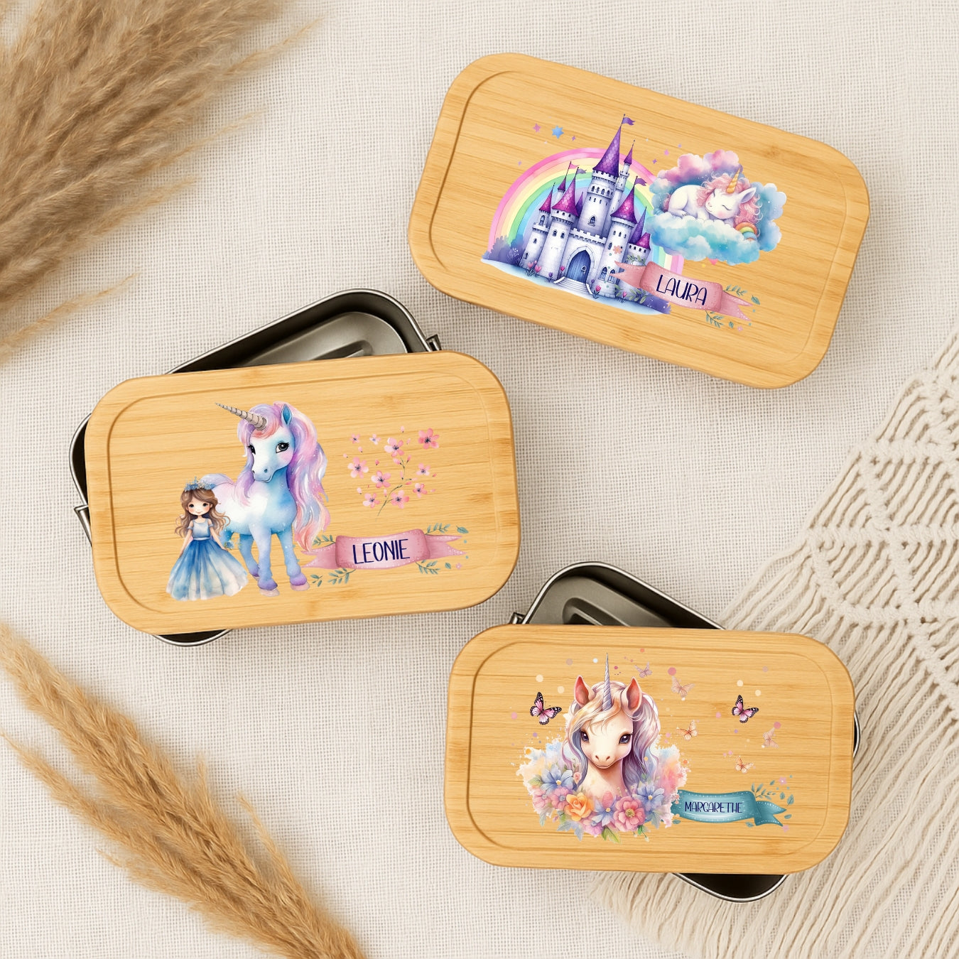 Personalisierte Brotdose Kinder Einhorn-Motiv – Lunchbox Weißblech mit Bambusdeckel & Name