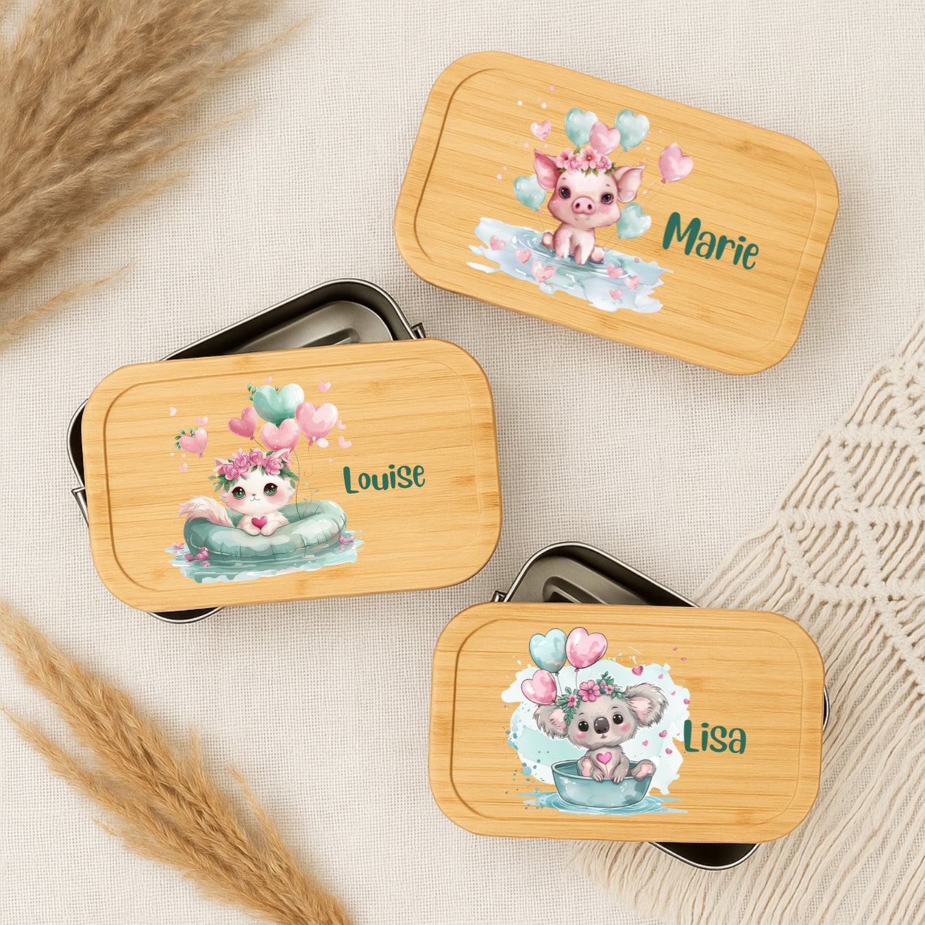 Personalisierte Brotdose Kinder Grüne Tierchen – Lunchbox Weißblech mit Bambusdeckel & Name