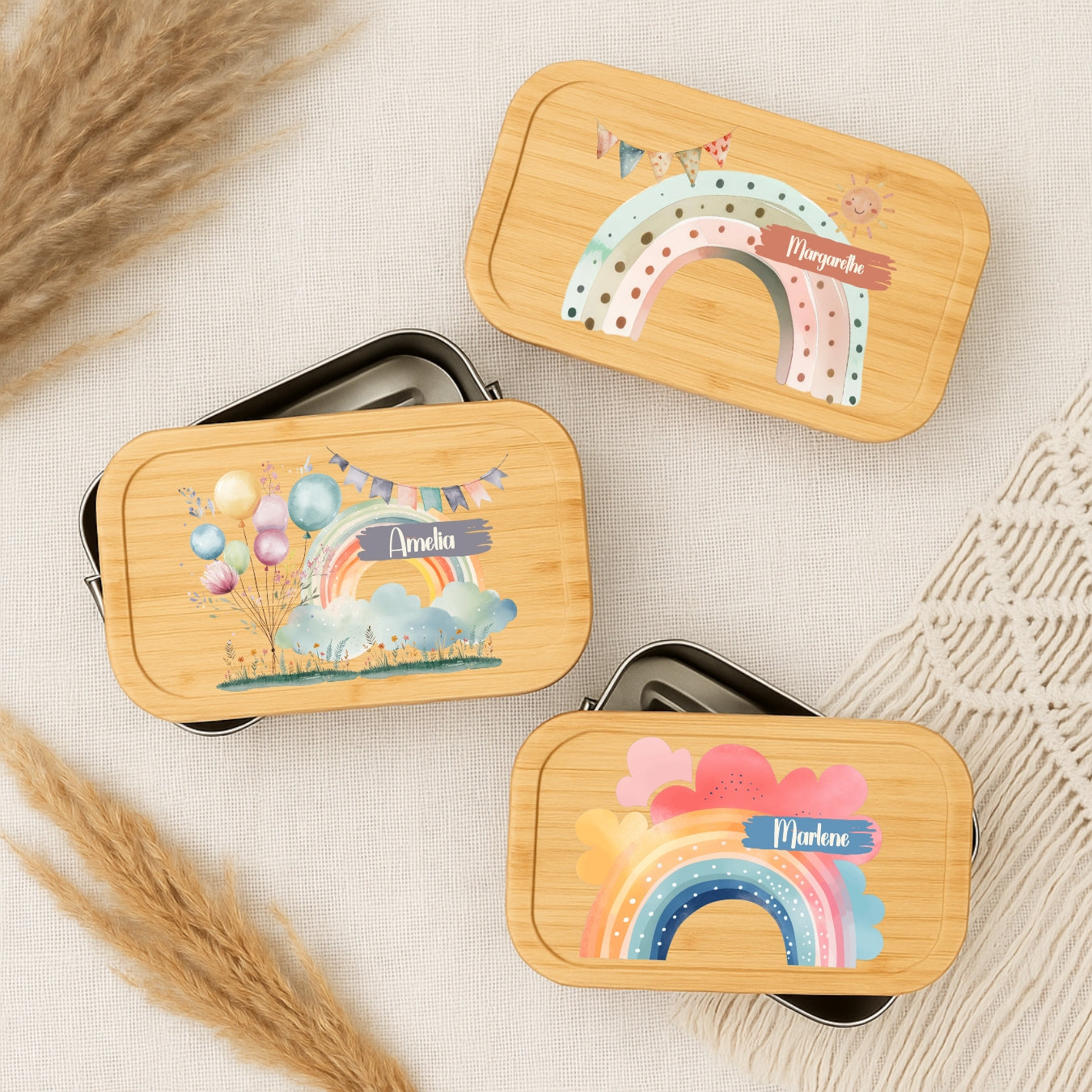 Personalisierte Brotdose Kinder Regenbogen-Motiv – Lunchbox Weißblech mit Bambusdeckel & Name