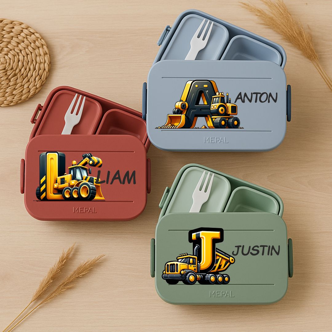 Personalisierte Brotdose mit Namen und Baustelle-Motiv für Kinder