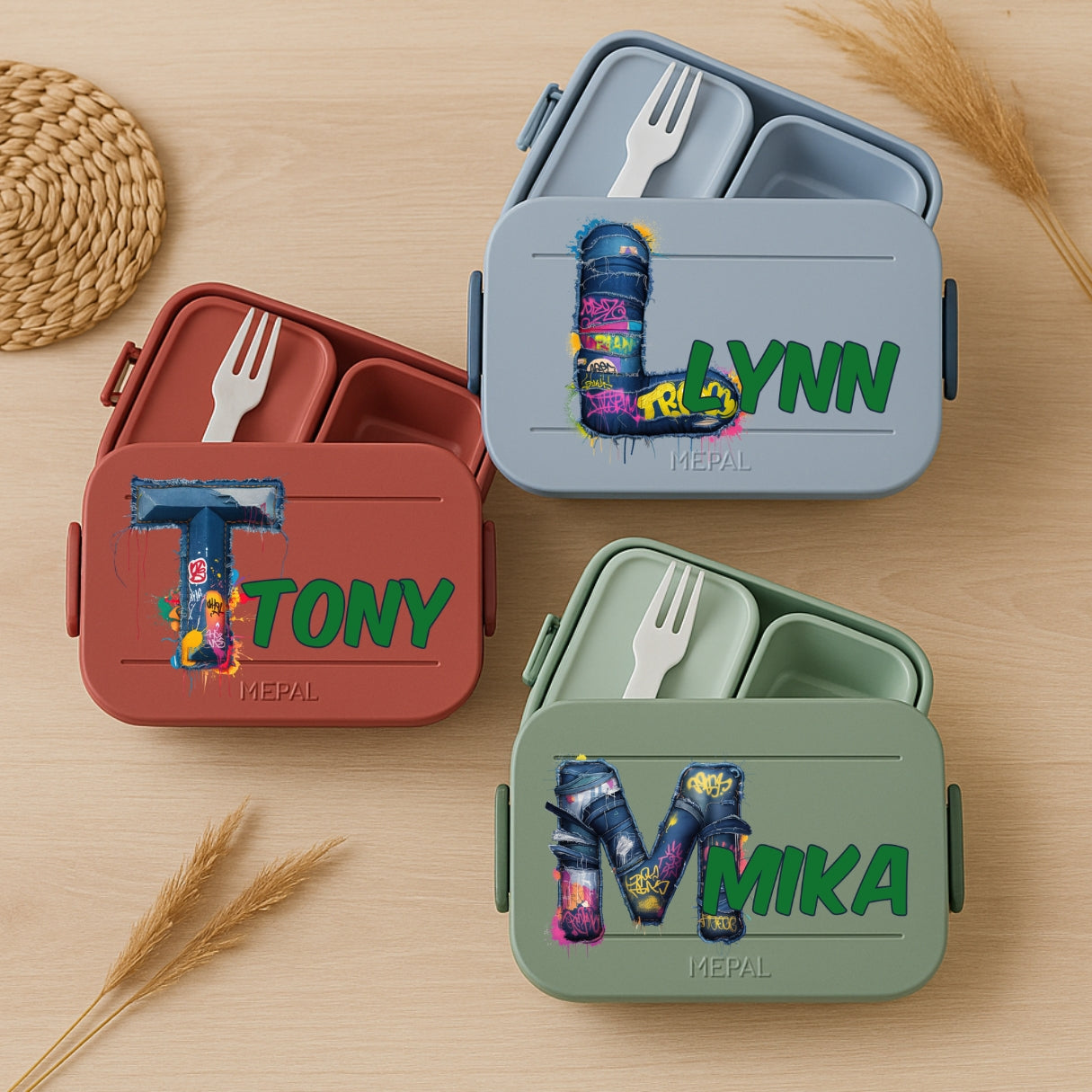 Personalisierte Brotdose mit Namen und Graffiti Jeans Motiv für Kinder