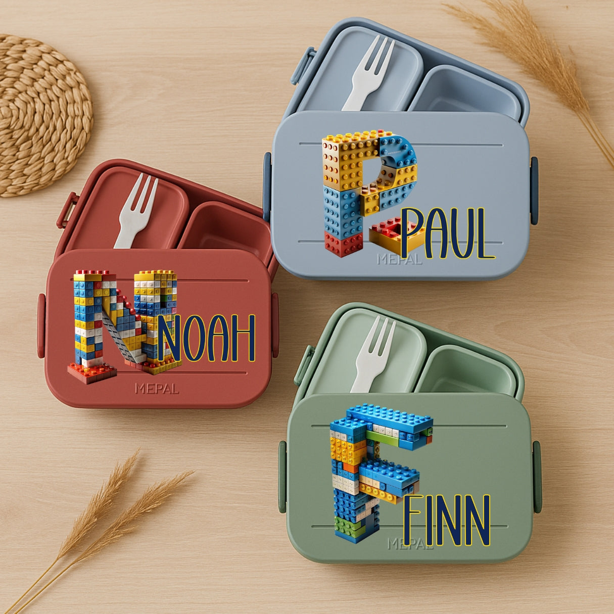 Personalisierte Brotdose mit Namen und Baustein Motiv für Kinder