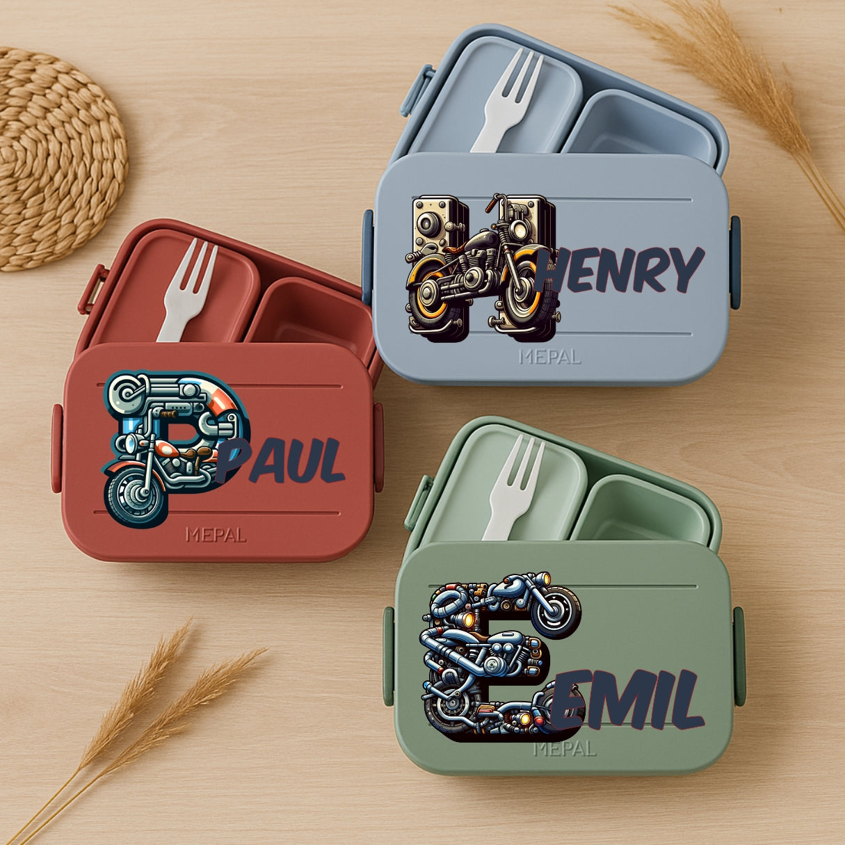Brotdose mit Namen für Kindergarten im Motorrad Motiv