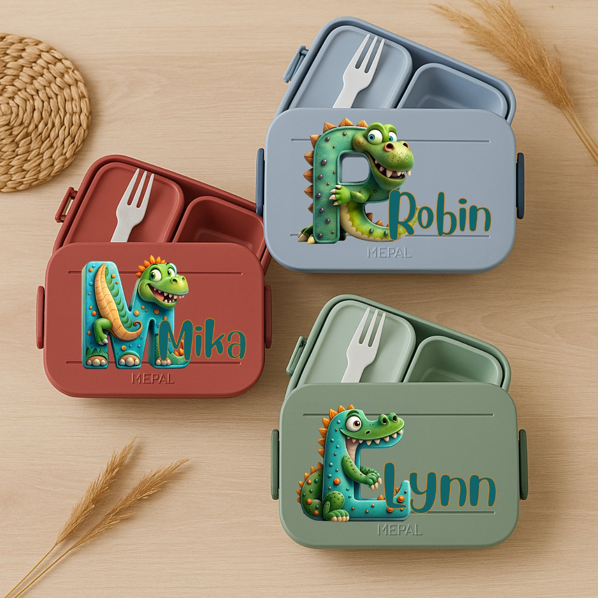Personalisierte Brotdose mit Namen und Dino Motiv für Kinder
