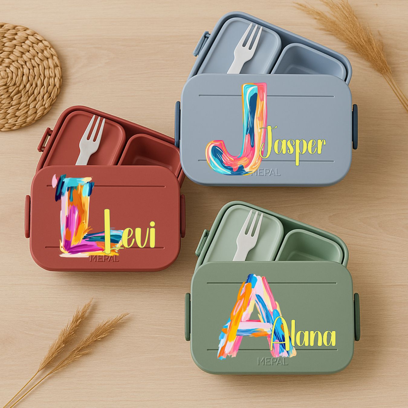 Personalisierte Brotdose mit Namen und Ölmalerei Motiv für Kinder