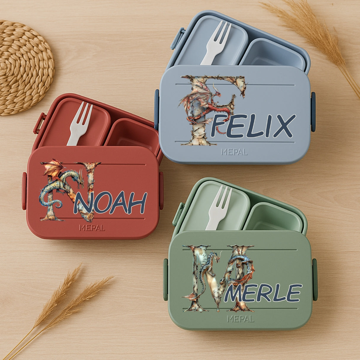 Personalisierte Brotdose mit Namen und Drache Motiv für Kinder