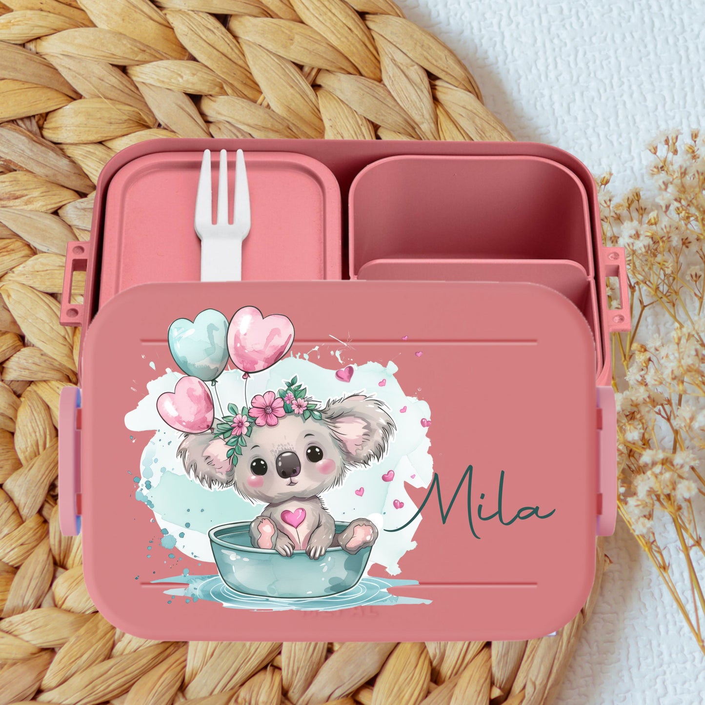 personalisierte Pausenbox rosa mit Bentoeinsatz und süßen Tiermotiven - Panda, Schildkröte, Katze, Hase