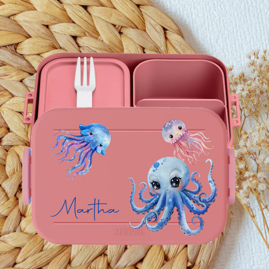 Bento Pausenbox rosa mit Namen und Meer Motiven Motiven - Oktopus, Wal, Delfin, Leuchtturm