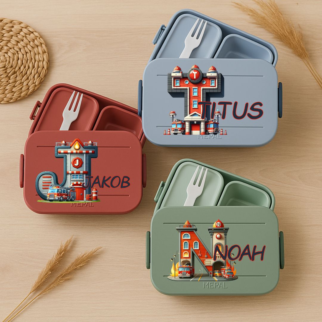Personalisierte Brotdose mit Namen und Feuerwehr-Motiv für Kinder
