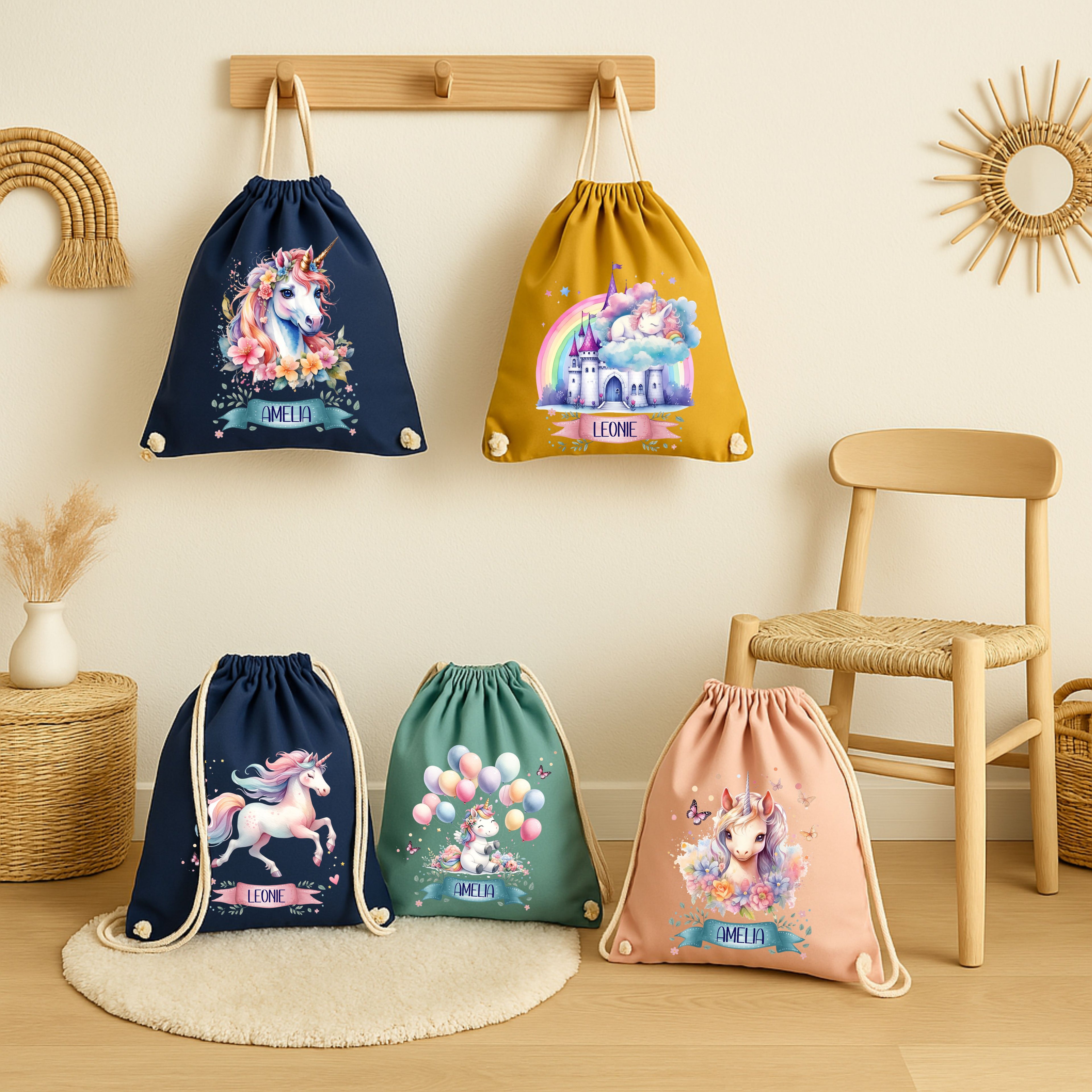 Einhorn Turnbeutel für Mädchen – personalisierter Stoffbeutel mit Namen für Kindergarten, Kita oder Schule – leicht, waschbar und kindgerecht