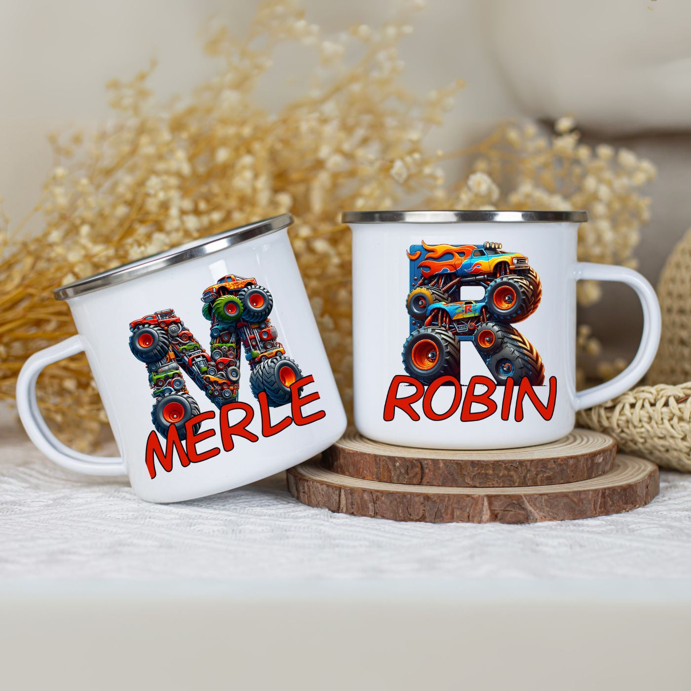 Emaille Becher mit Name personalisiert im Monstertruck Design