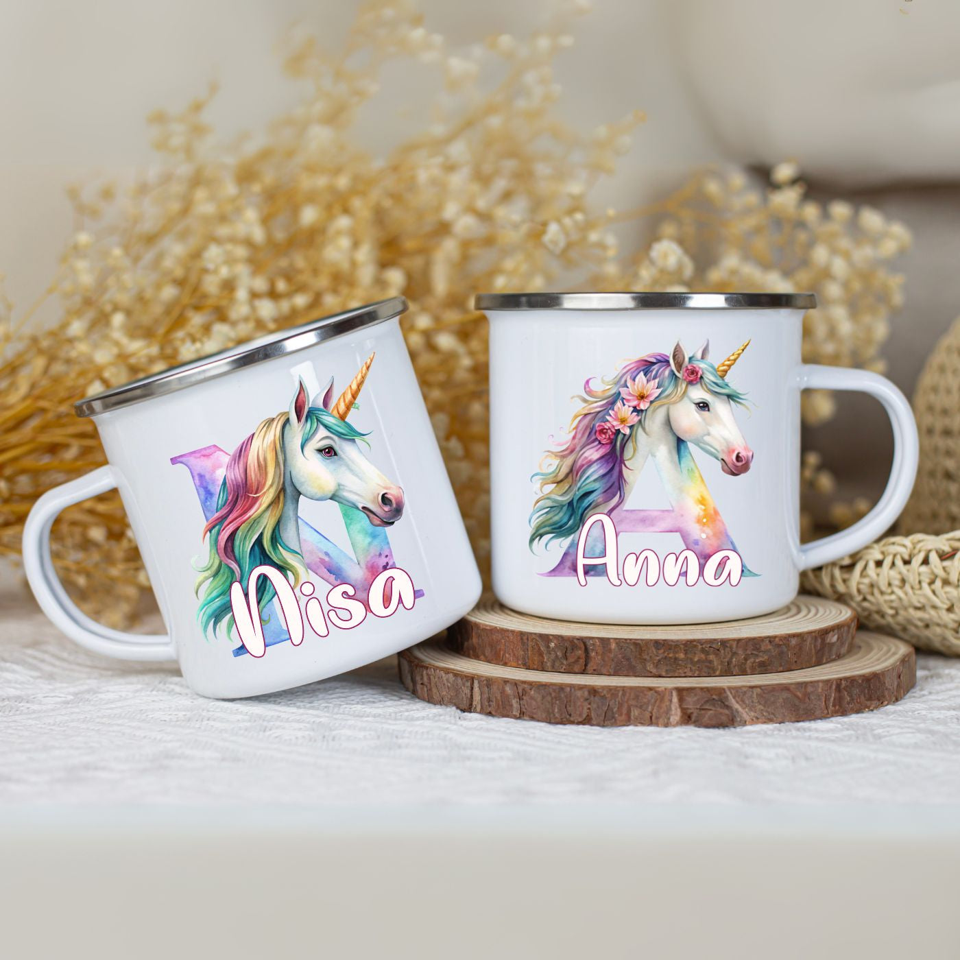 Emaille Becher mit Name personalisiert im Einhorn Design