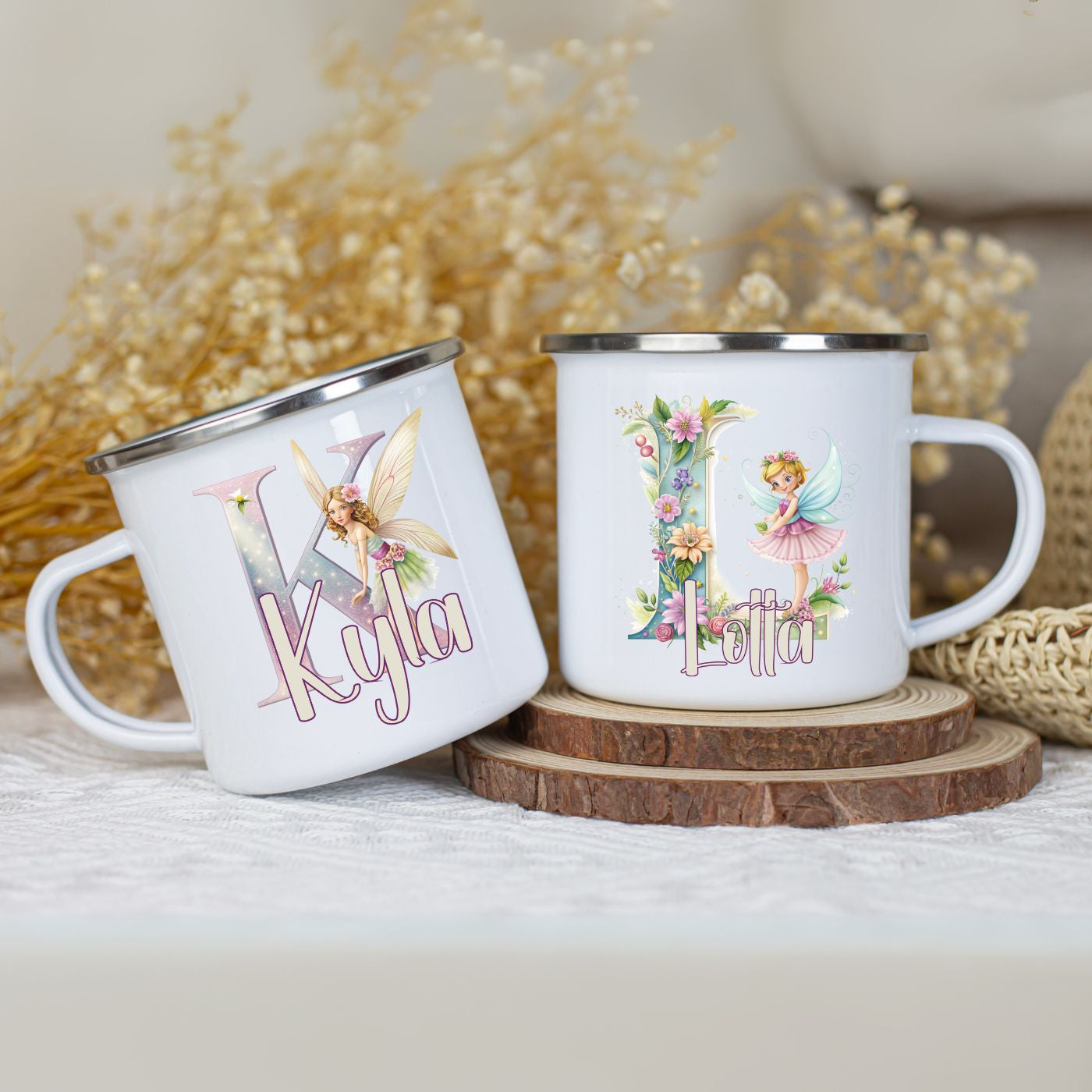 Emaille Becher mit Name personalisiert im märchenhaften Design