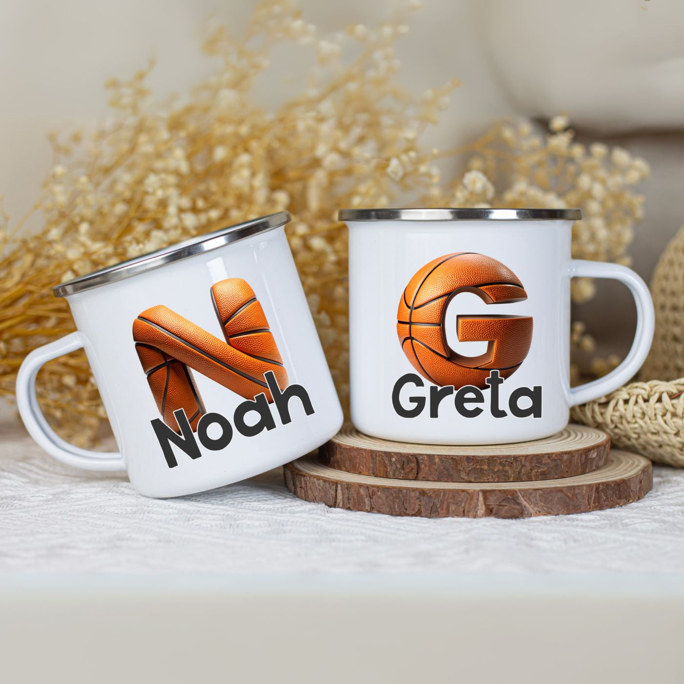 Emaille Becher mit Name personalisiert im sportlichen Basketball Design