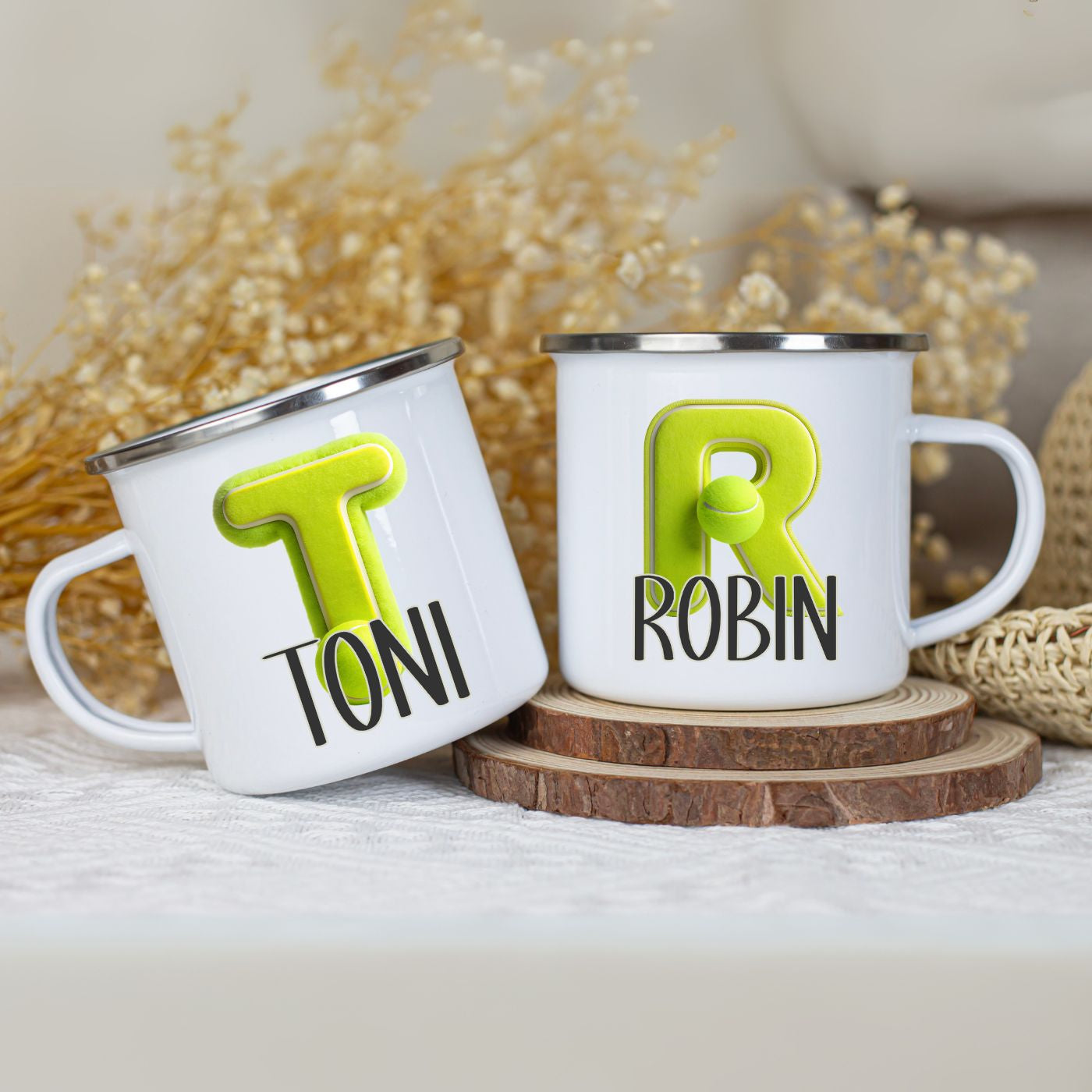Emaille Becher mit Name personalisiert im Tennis Design
