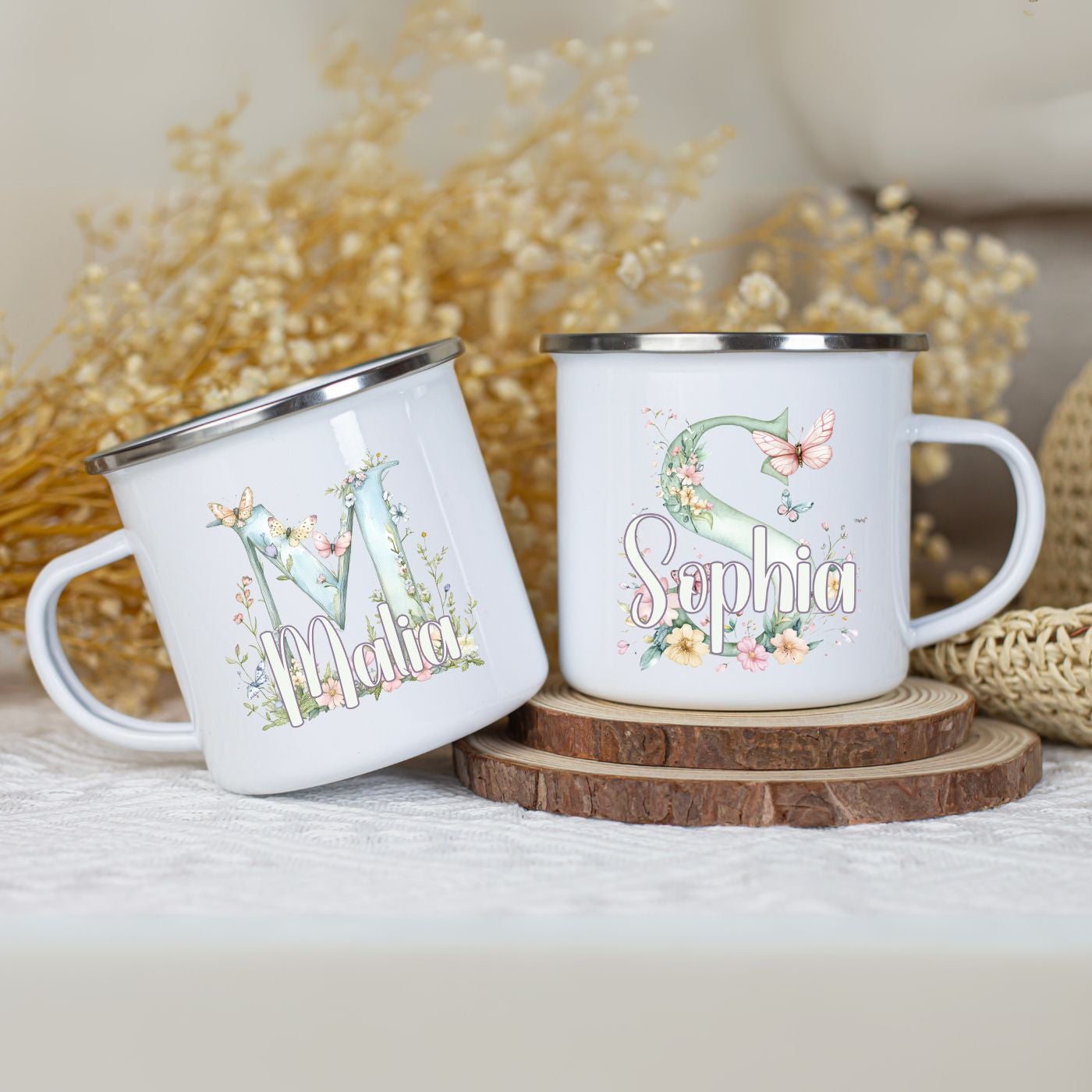 Emaille Becher mit Name personalisiert im floralen Design