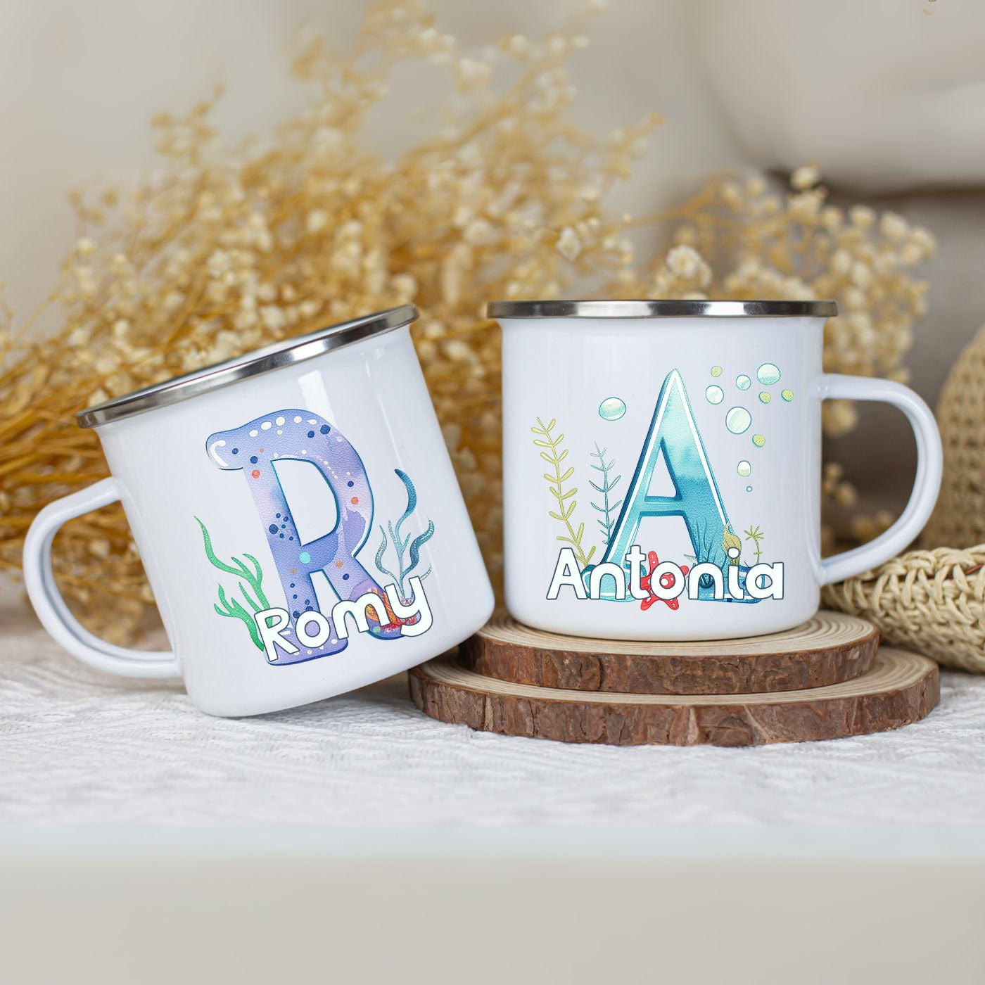 Emaille Becher mit Name personalisiert im maritimen Design
