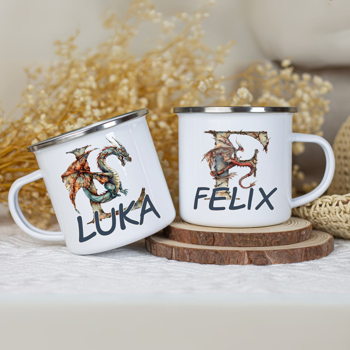 Emaille Becher mit Name personalisiert im Drachen Design