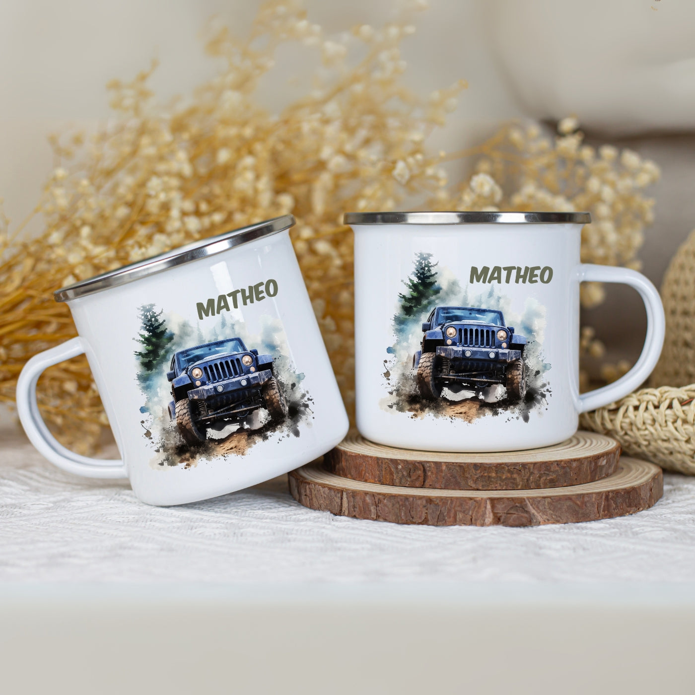 Emaille Tasse Autos personalisiert – Kindertasse mit Namen und Rennwagen