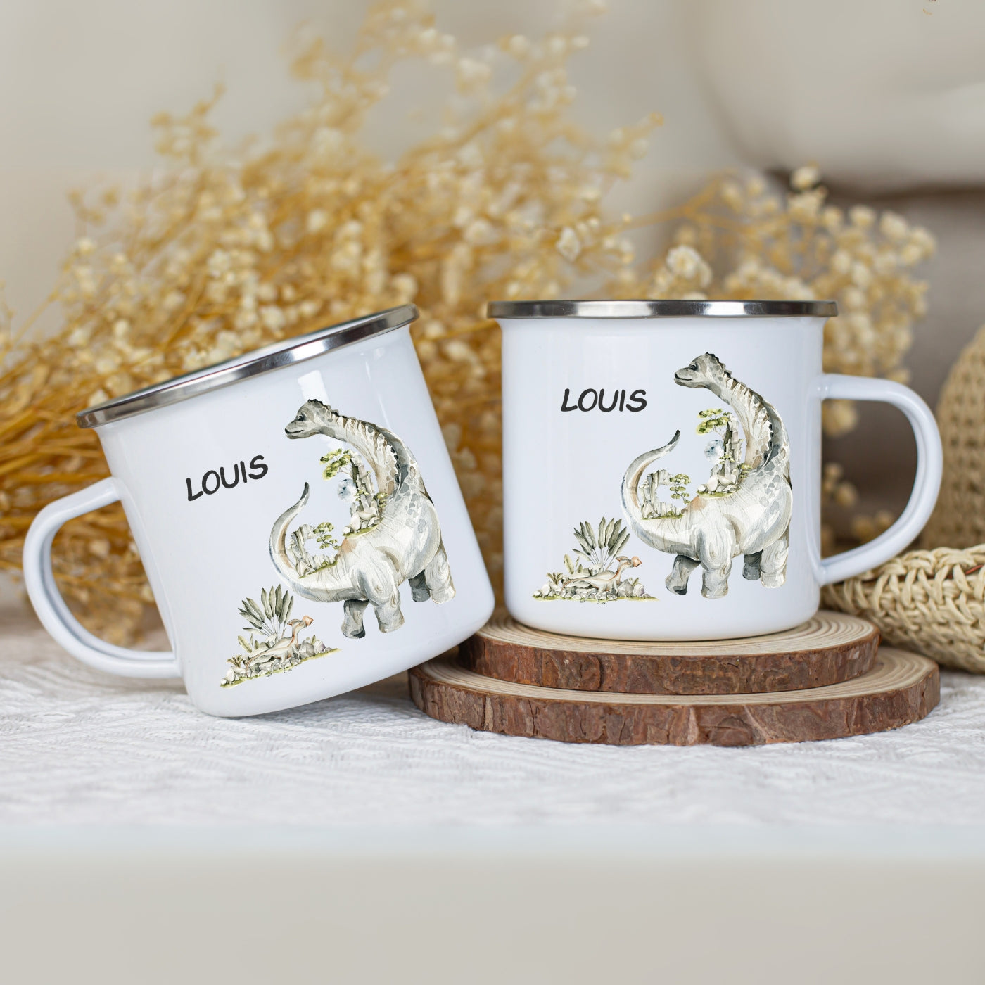 Emaille Tasse personalisiert – Kindertasse mit Namen und Dinosaurier