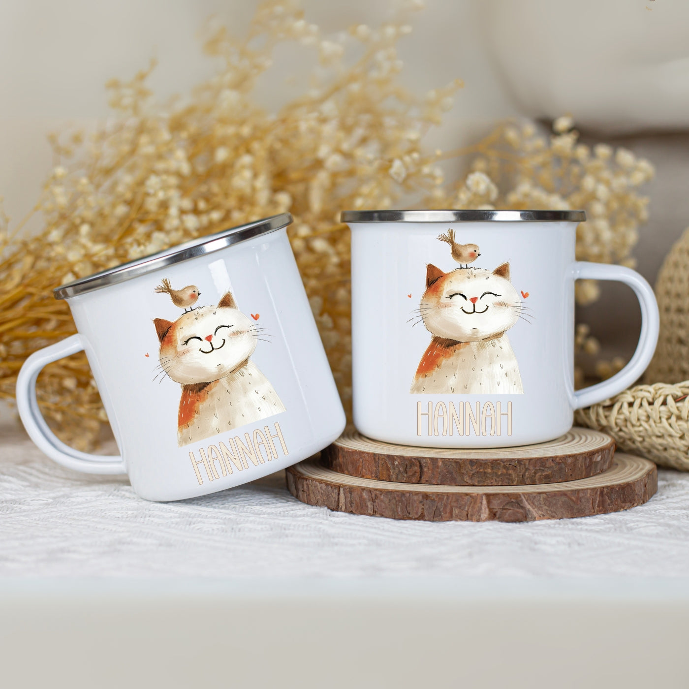 Emaille Tasse personalisiert – Kindertasse mit Namen und Tieren