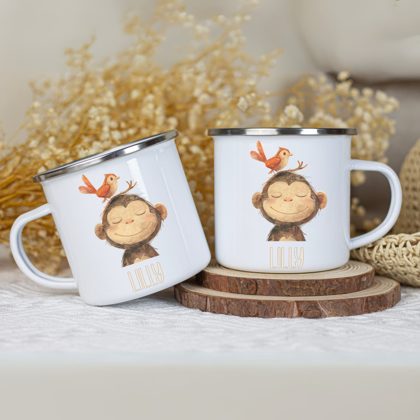 Emaille Tasse personalisiert – Kindertasse mit Namen und Tieren