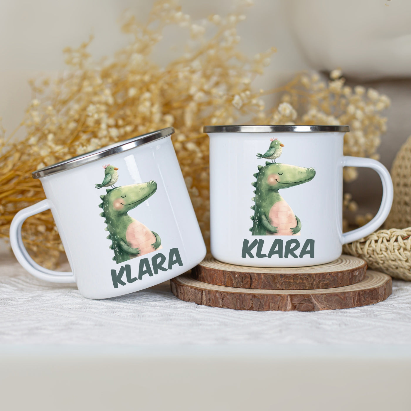 Emaille Tasse personalisiert – Kindertasse mit Namen und bunten Tiermotiven