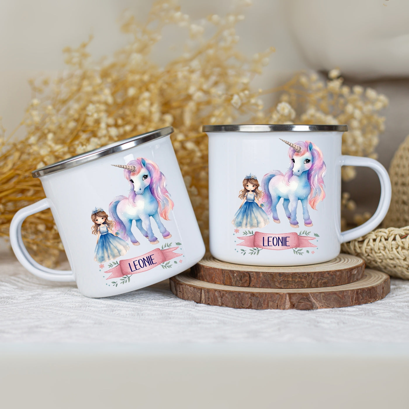 Emaille Tasse personalisiert – Kindertasse mit Einhorn und Namen