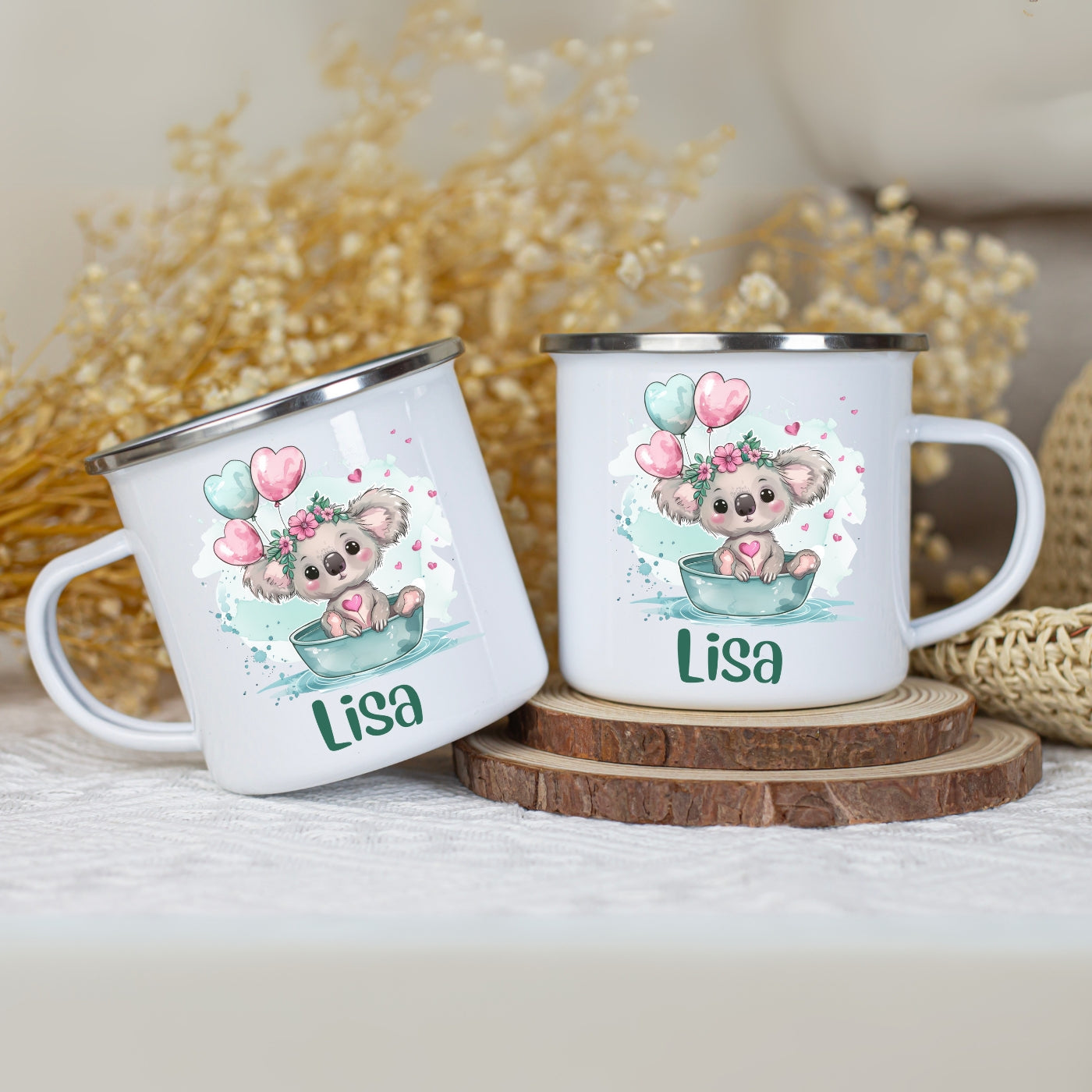 Emaille Tasse personalisiert – Kindertasse mit Namen und grünen Tiermotiven
