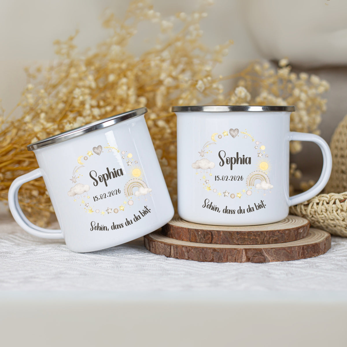 Personalisierte Kindertasse mit Namen und Geburtsdatum – Emaille Tasse zur Geburt oder Taufe – wolga-kreativ