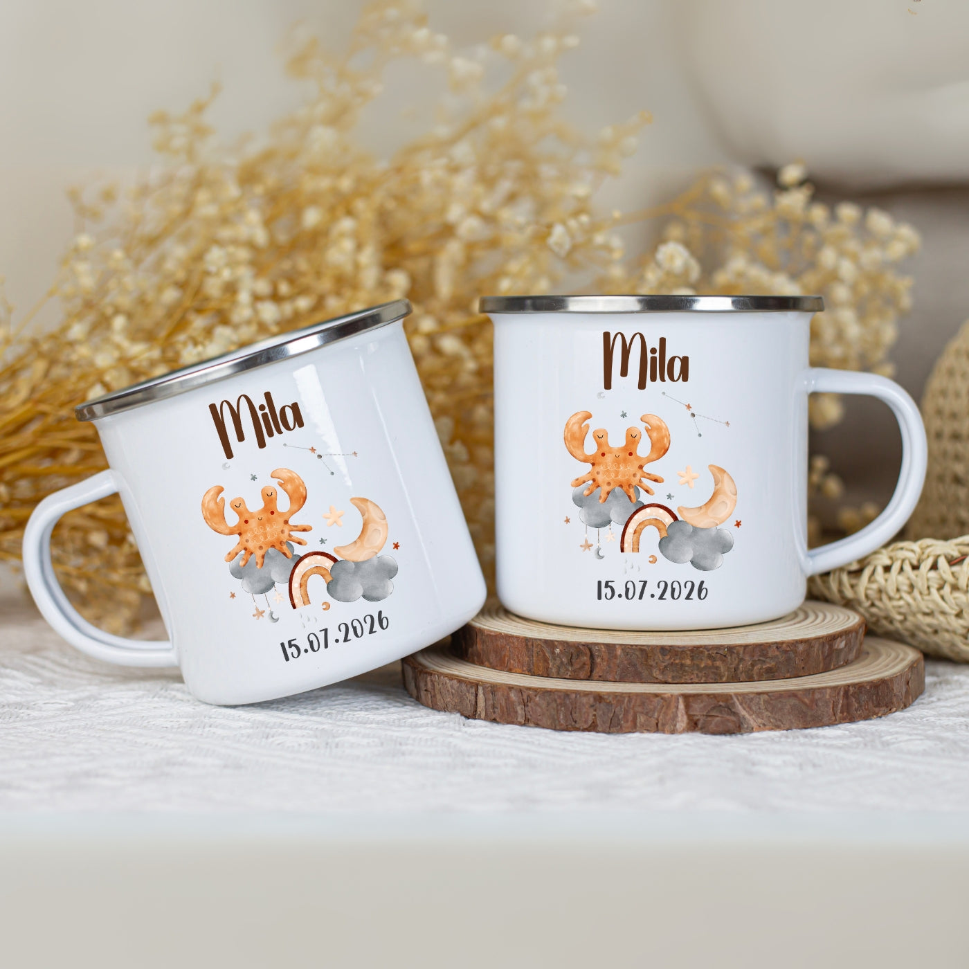 Emaille Tasse personalisiert – Sternzeichen Kindertasse mit Namen und Geburtsdatum – Bruchsicher