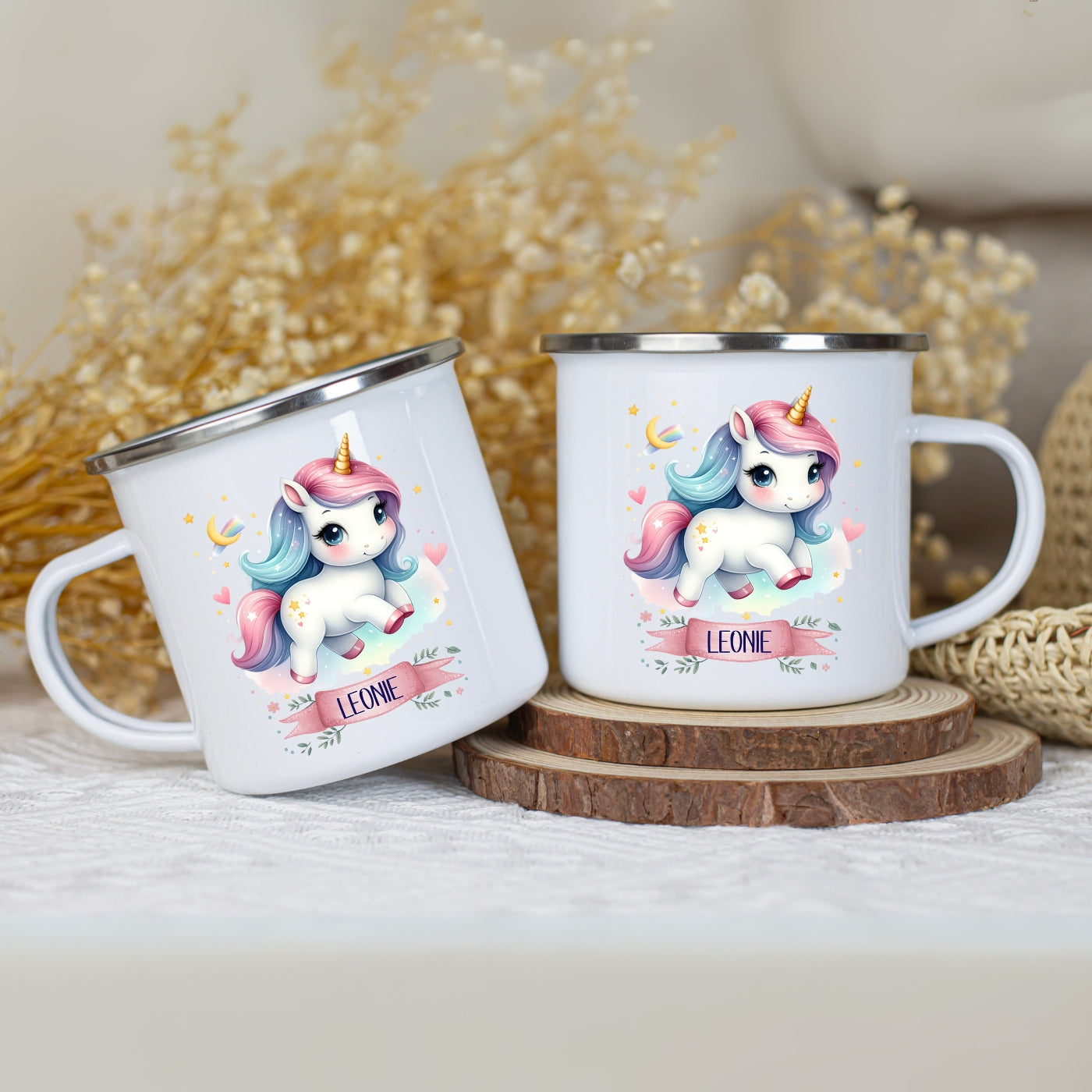 Emaille Tasse personalisiert – Kindertasse mit Einhorn und Namen