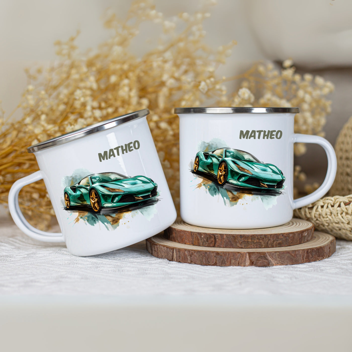 Emaille Tasse Autos personalisiert – Kindertasse mit Namen und Rennwagen