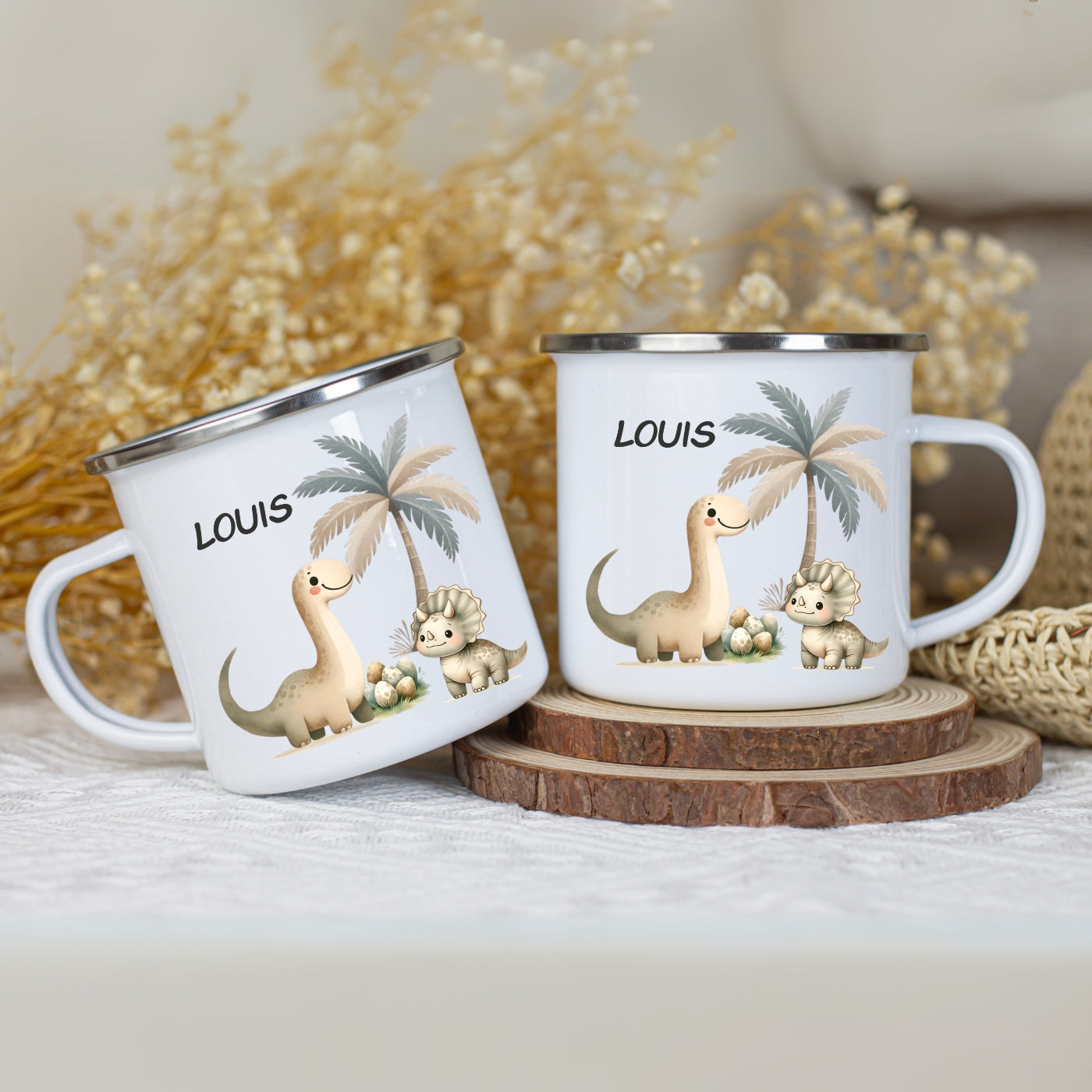 Emaille Tasse personalisiert – Kindertasse mit Namen und Dinosaurier