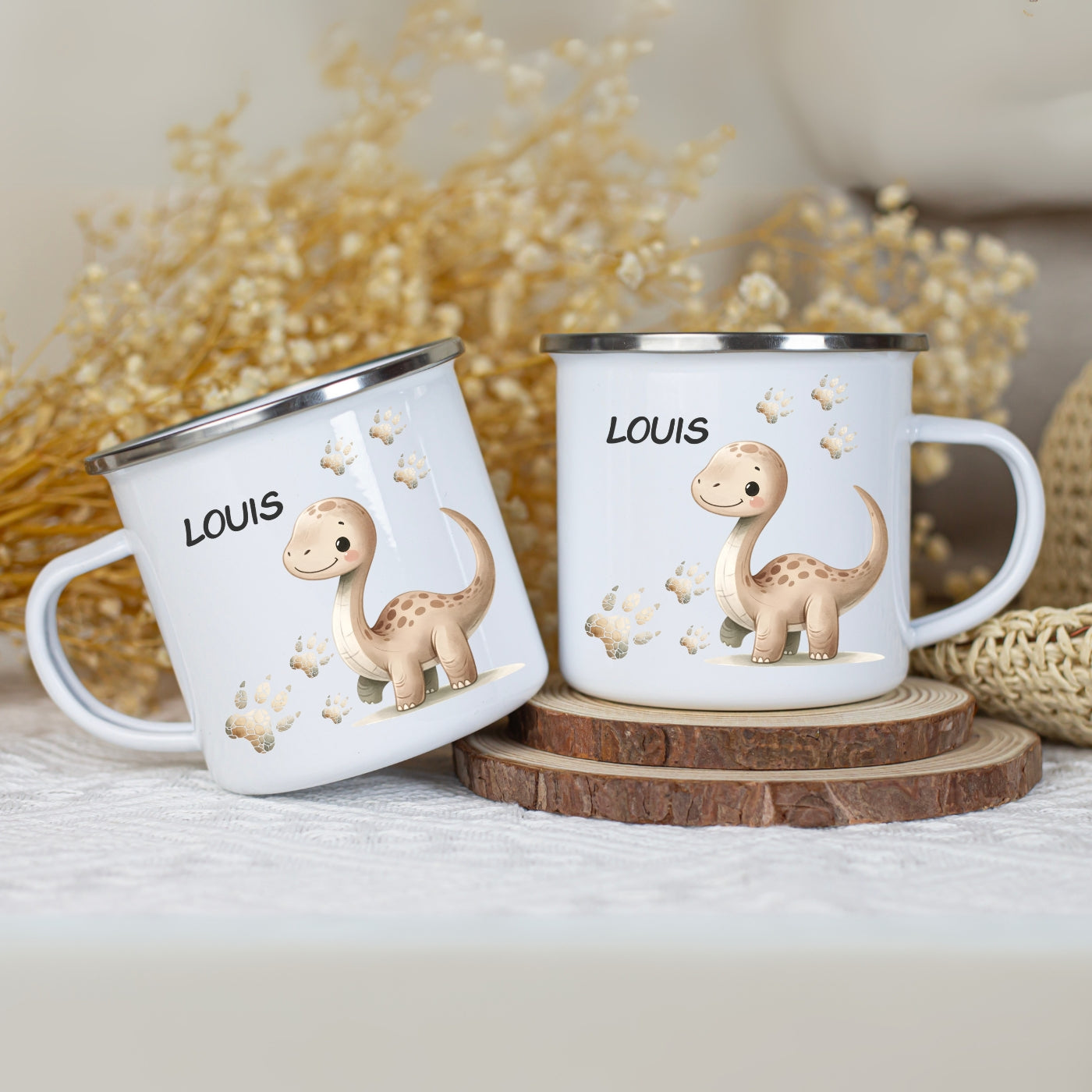Emaille Tasse personalisiert – Kindertasse mit Namen und Dinosaurier