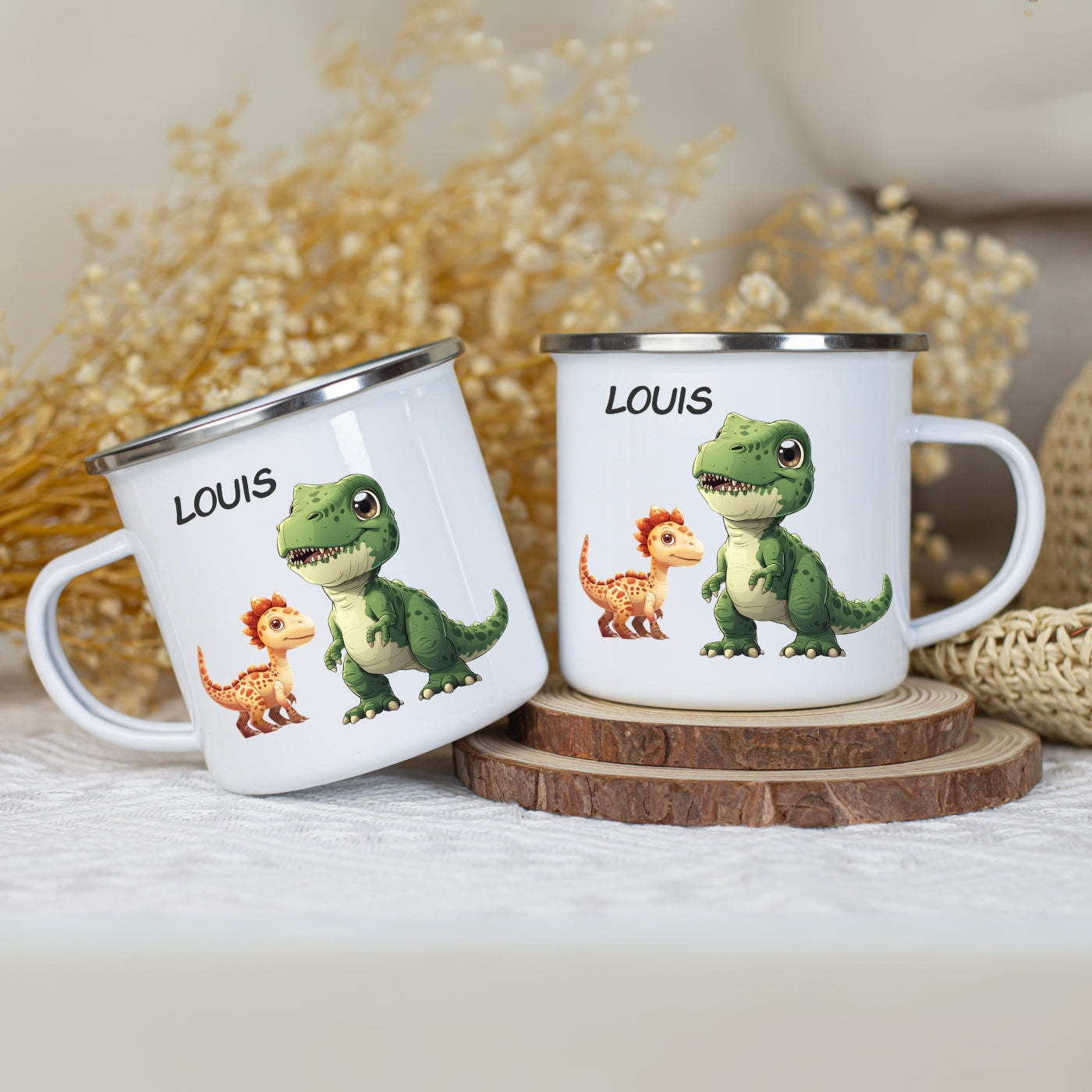 Emaille Tasse personalisiert – Kindertasse mit Namen und Dinosaurier