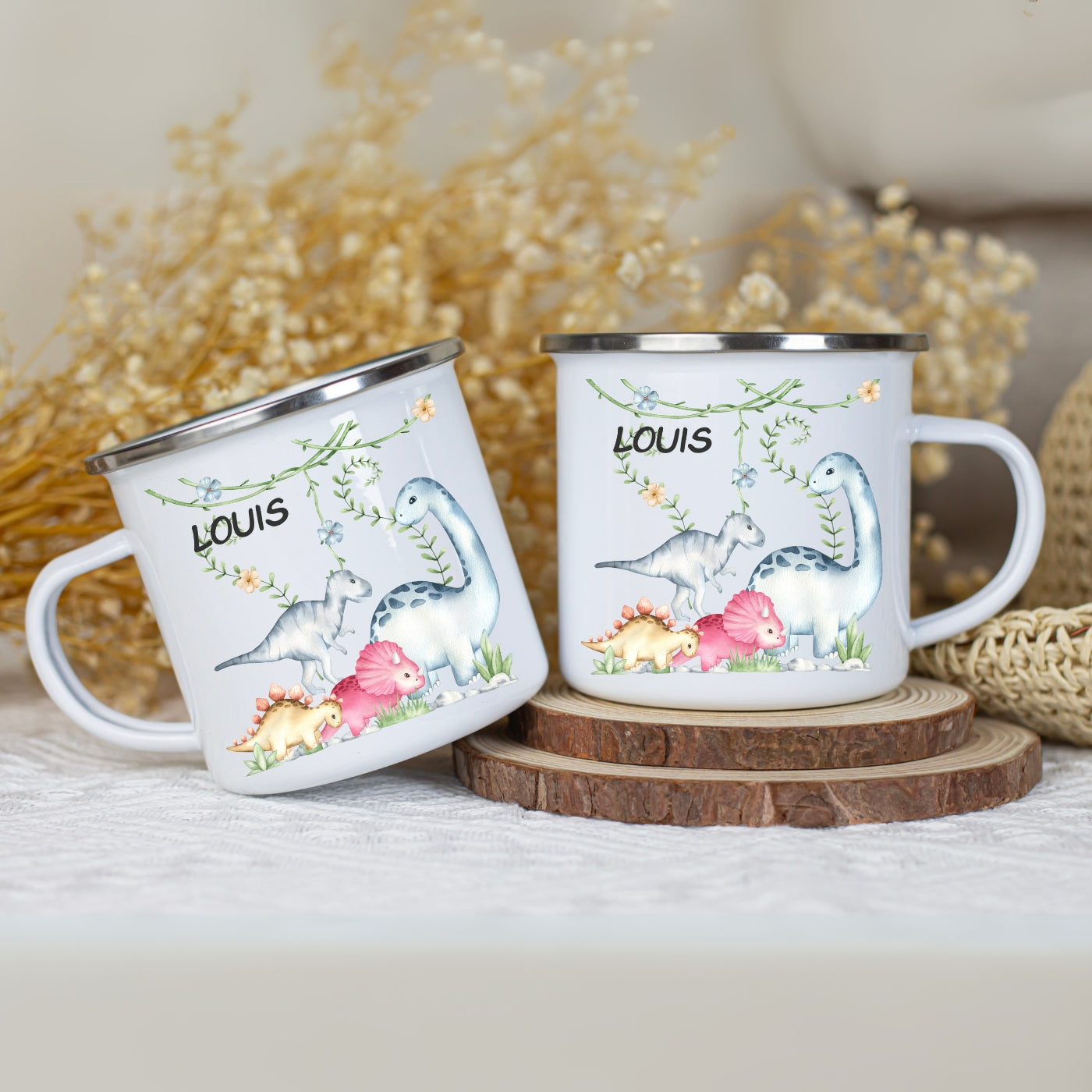Emaille Tasse personalisiert – Kindertasse mit Namen und Dinosaurier